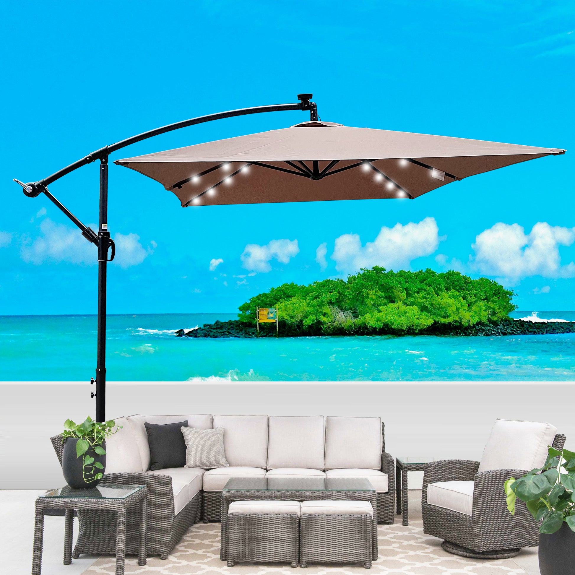 Rectangle 2X3M Outdoor Patio Umbrella Solar Powered Led Lighted Sun Shade Market Waterproof 6 Ribs Umbrella With Crank And Cross Base For Garden Deck Backyard Pool Shade Outside Deck Swimming Pool