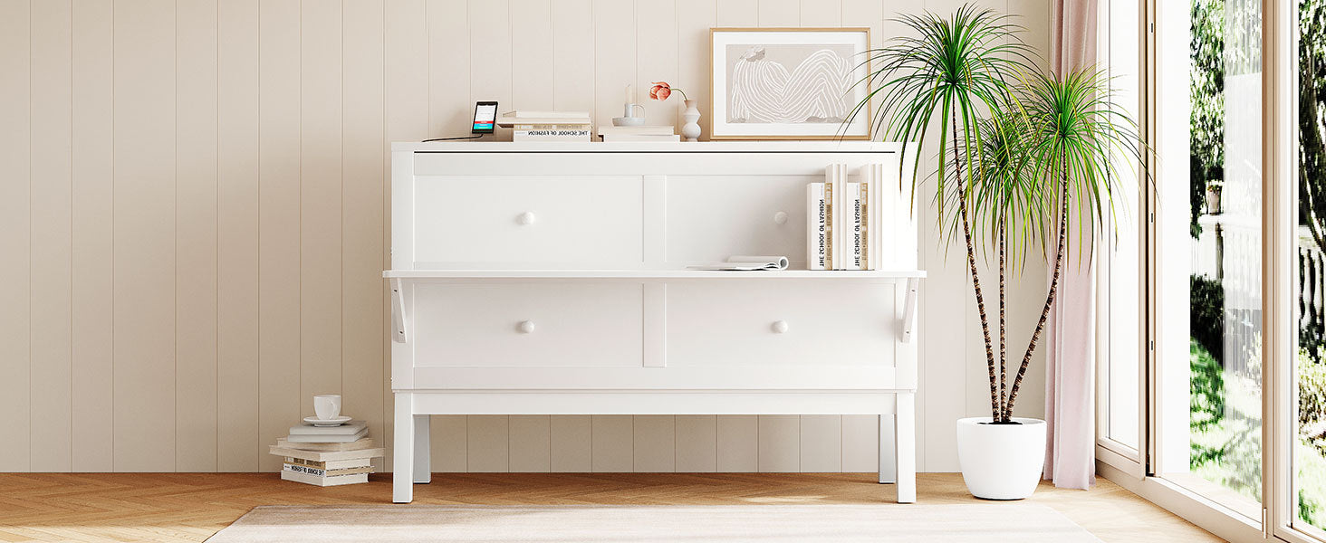 Queen Size Murphy Bed With Usb Port And Removable Shelves On Each Side,White White Solid Wood Mdf