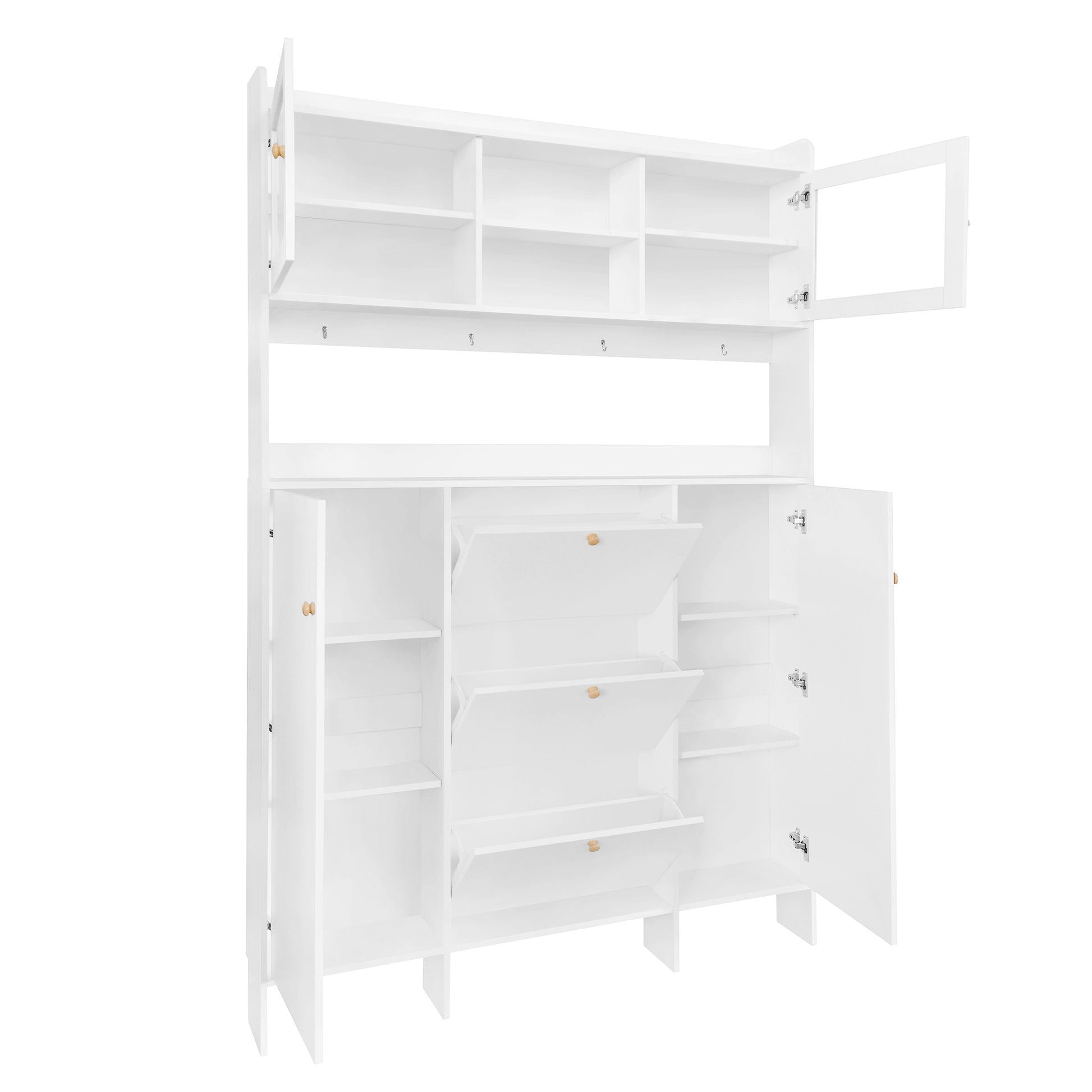 Contemporary Shoe Cabinet With Open Storage Platform, Tempered Glass Hall Tree With 3 Flip Drawers, Versatile Tall Cabinet With 4 Hanging Hooks For Hallway, White 3 4 Drawers White Primary Living Space Adjustable Shelves Particle Board