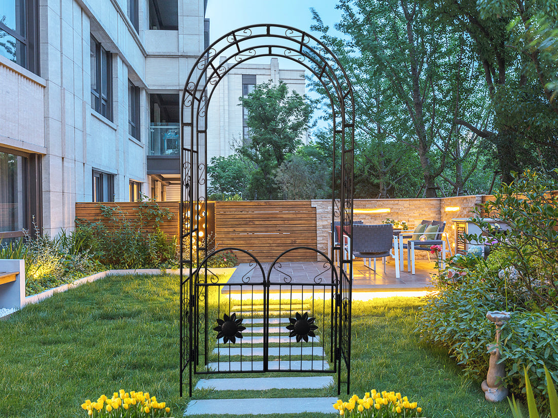 Metal Garden Arch With Doors Garden Arbor Trellis Climbing Plants Support Arch Outdoor Arch Wedding Arch Party Events Archway Black Black Iron