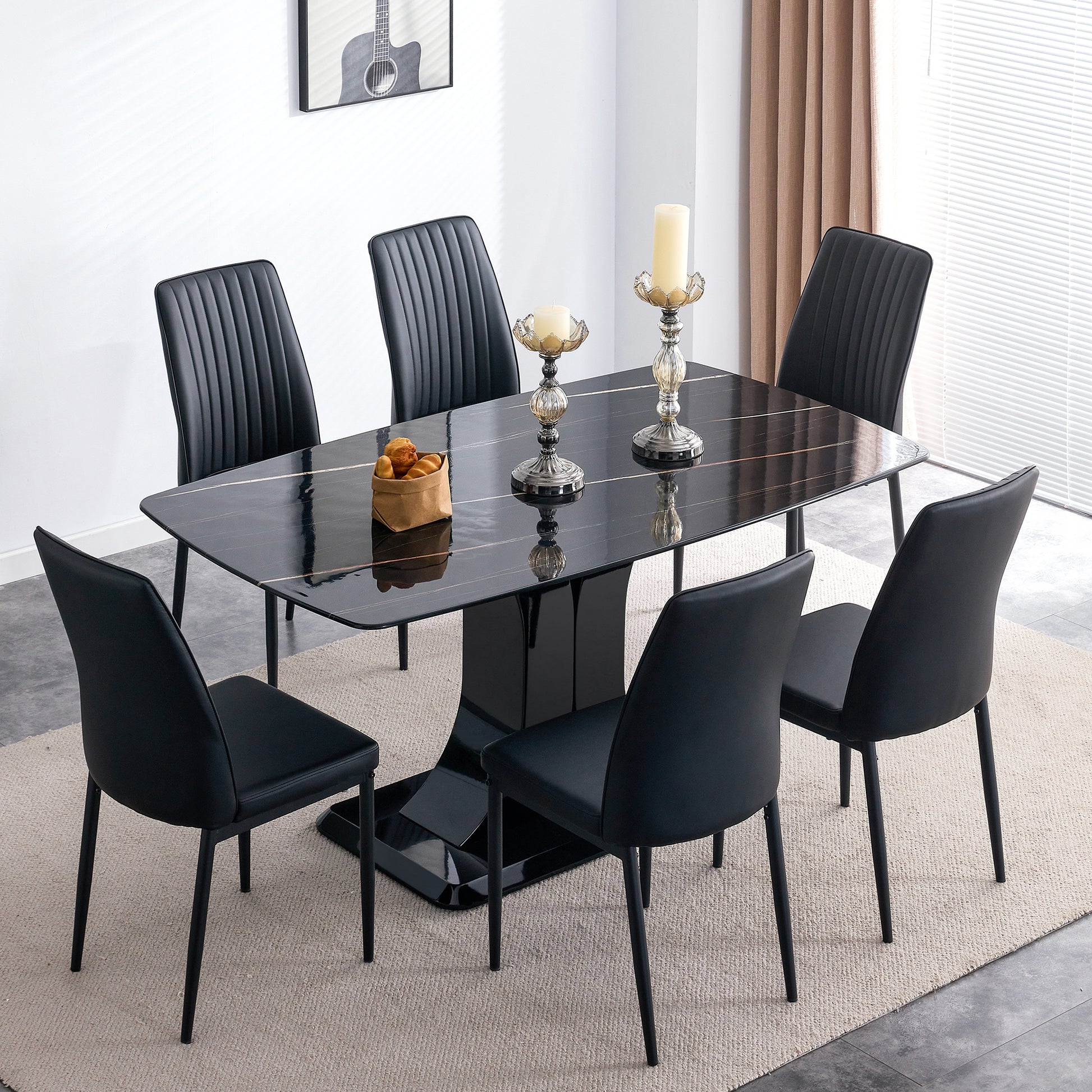 Faux Marble Dining Table Set With Convertible Base, Luxury Rectangular Kitchen Table For 6 8, Modern Black Faux Marble Dining Room Table With Mdf Base, Dining Table & 6 Chairs Metal Black Rectangular Mdf Glass