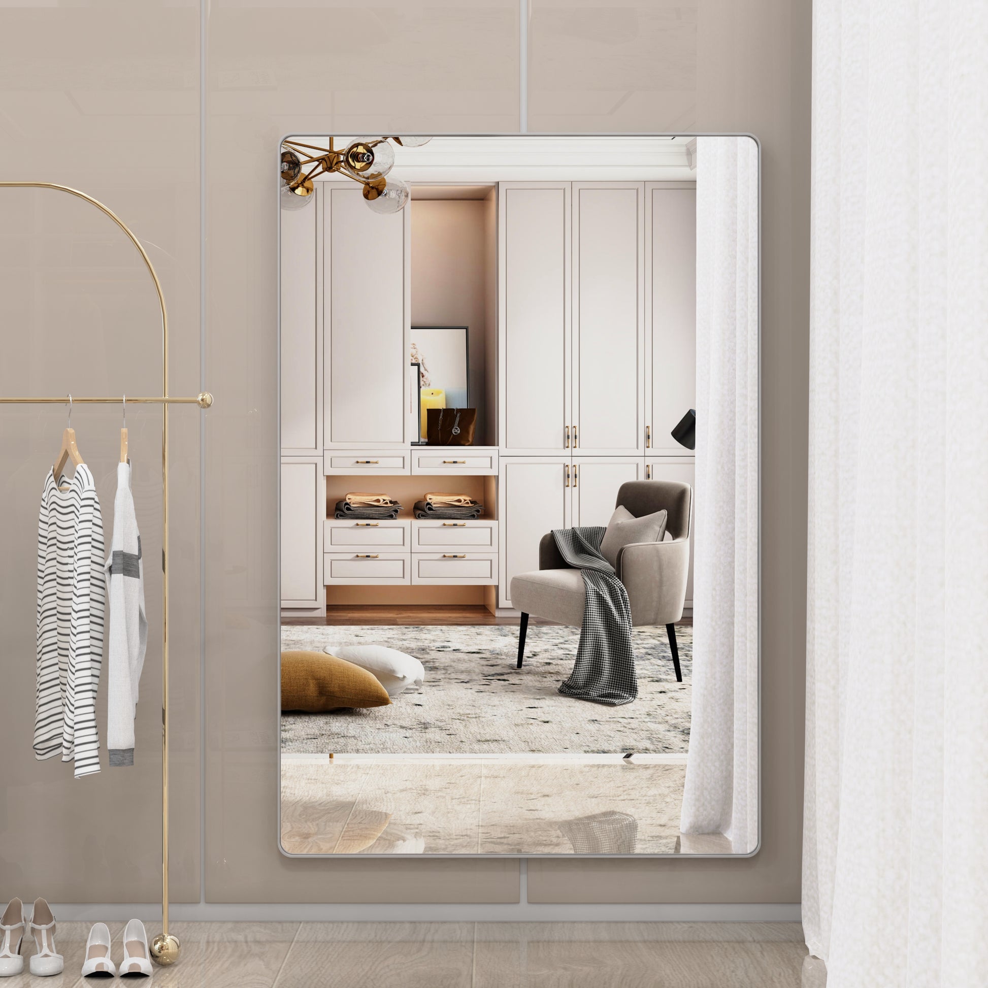 Oversized Bathroom Mirror With Removable Tray Wall Mount Mirror,Vertical Horizontal Hanging Aluminum Framed Wall Mirror Full Length Mirror,Full Body Mirror For Bedroom Living Room,Silver,72X48 Inches Silver Aluminium