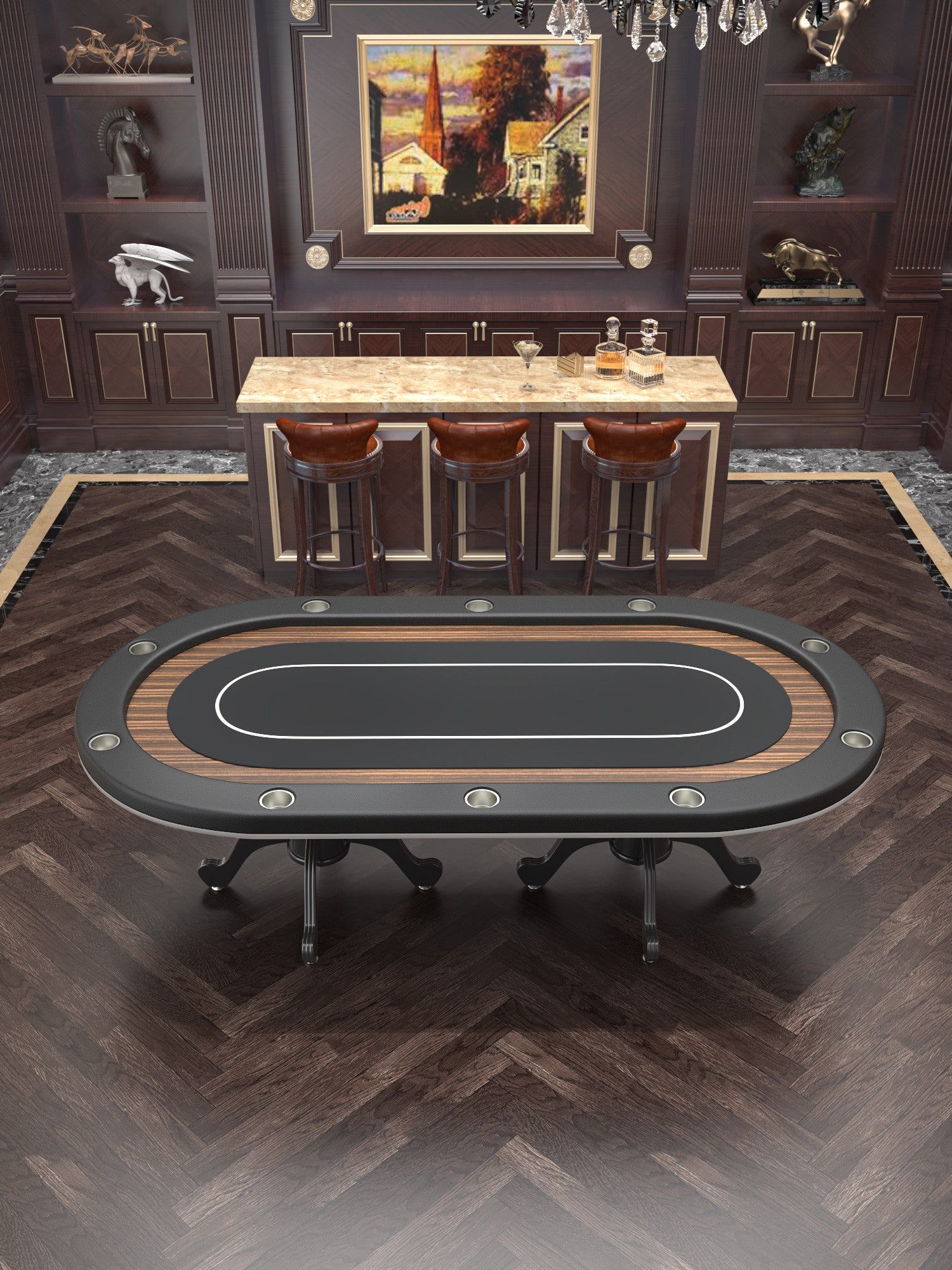 96" Oval Aura Casino Waterproof Felt Curved Legs Poker Table Black Wood