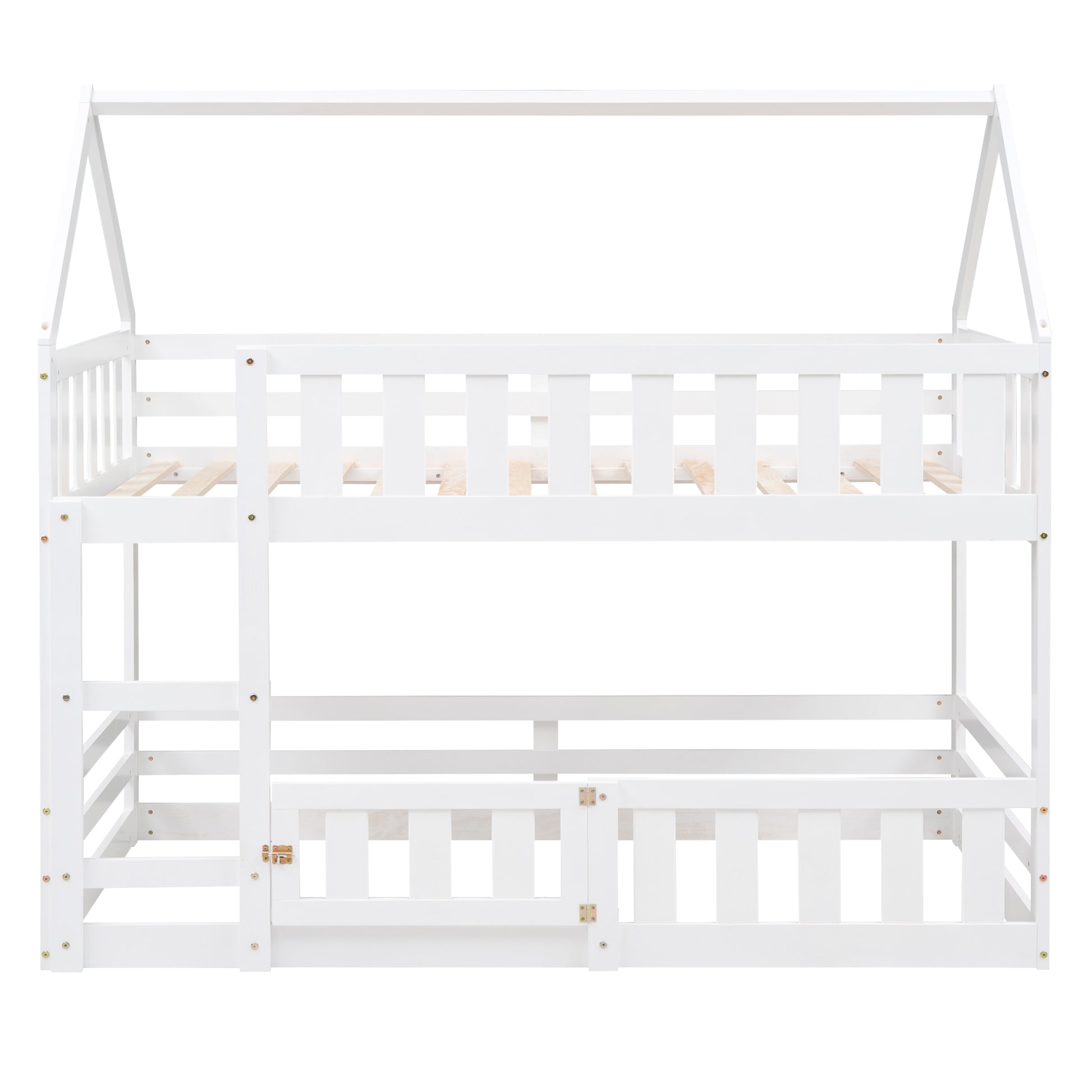 Twin Over Twin House Bunk Bed With Fence And Door, White Box Spring Not Required Twin White Wood Bedroom Bunk Solid Wood Mdf