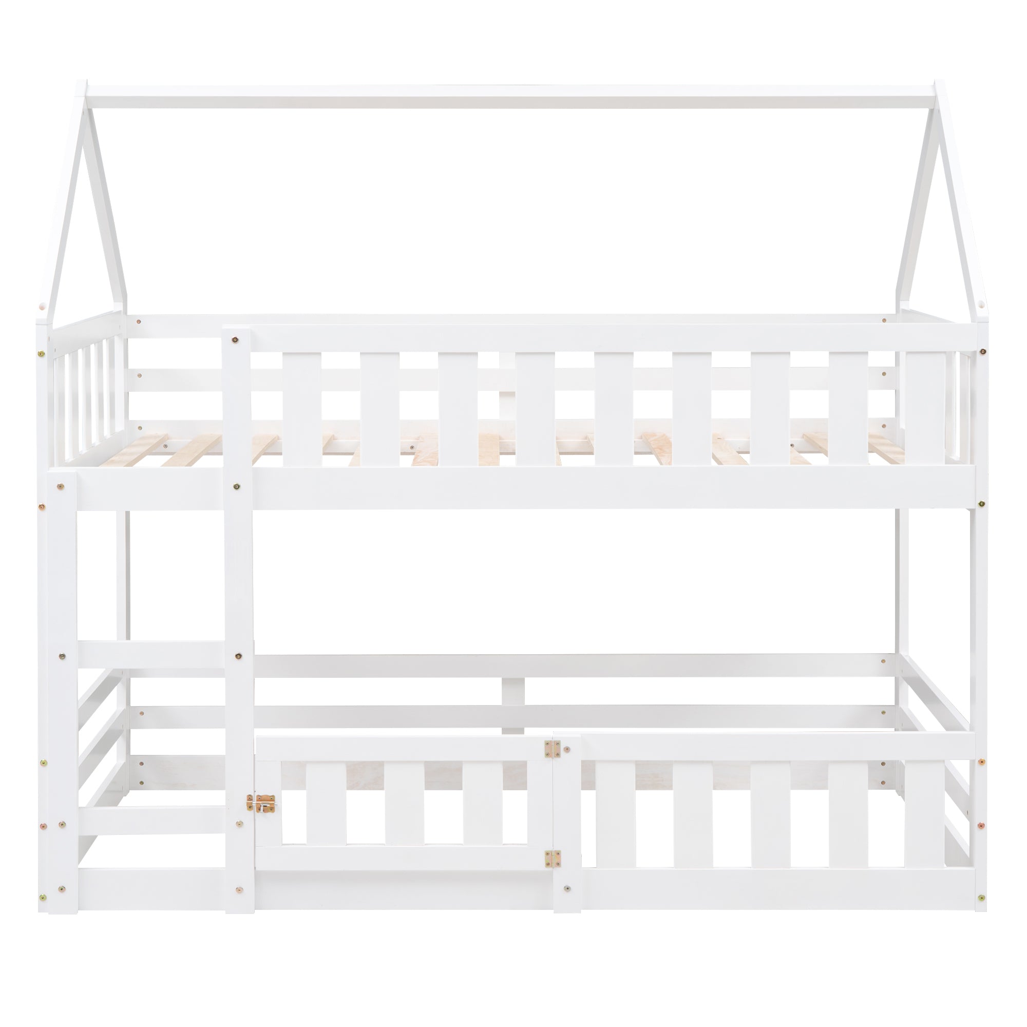 Twin over Twin House Bunk Bed with Fence and Door box spring not