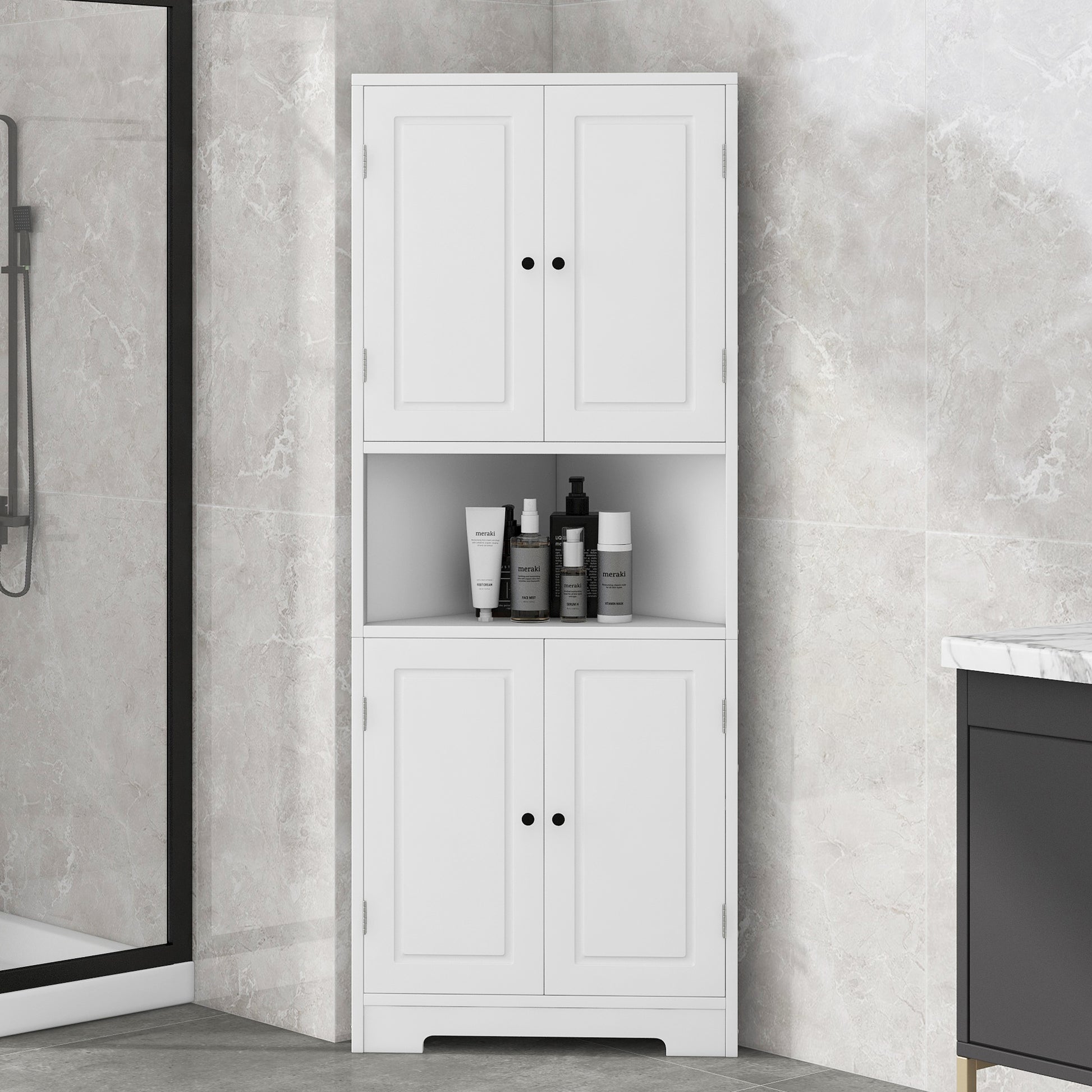 Tall Bathroom Storage Cabinet, Corner Cabinet with white-mdf