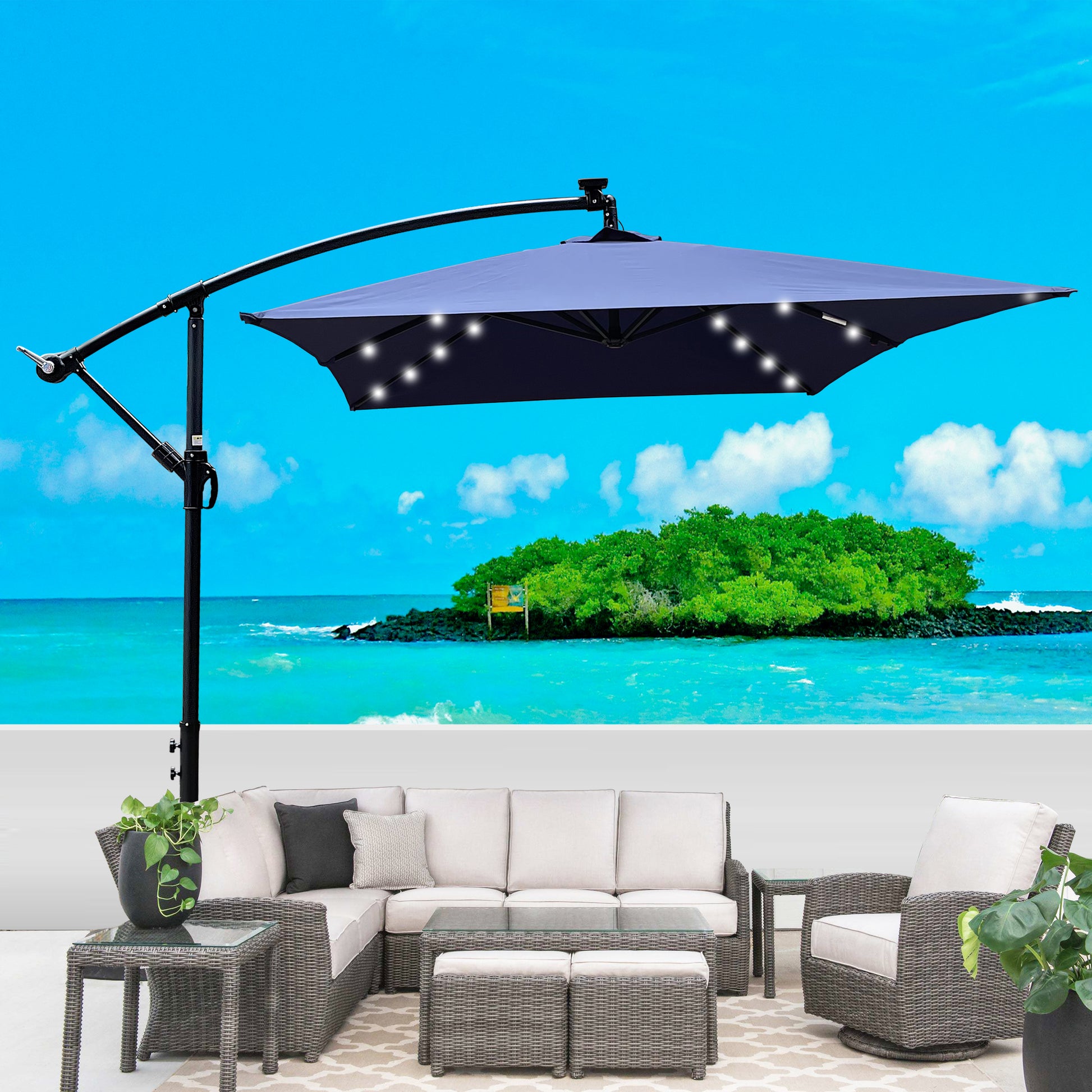 Rectangle 2X3M Outdoor Patio Umbrella Solar Powered Led Lighted Sun Shade Market Waterproof 6 Ribs Umbrella With Crank And Cross Base For Garden Deck Backyard Pool Shade Outside Deck Swimming Pool