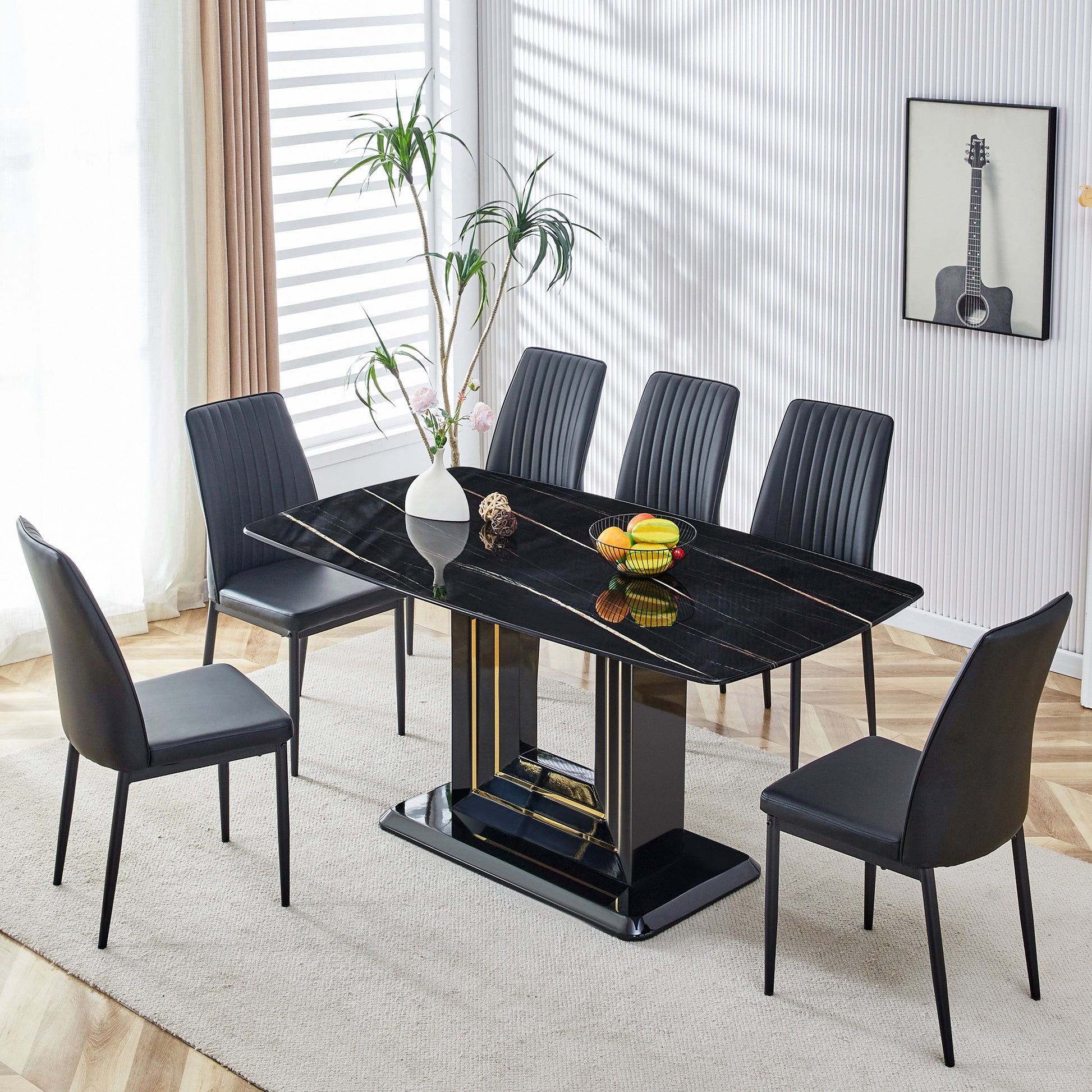 7 Piece Faux Marble Dining Table Set, Glass Rectangular Kitchen Table For 6 8, Modern Black Faux Marble Dining Room Table With Mdf Base, Dining Table & 6 Chairs Metal Black Rectangular Mdf Glass