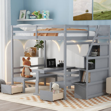 Full Over Full Size Bunk With Staircase,The Down Bed Can Be Convertible To Seats And Table Set,Gray Box Spring Not Required Full Gray Wood Bedroom Bunk Pine