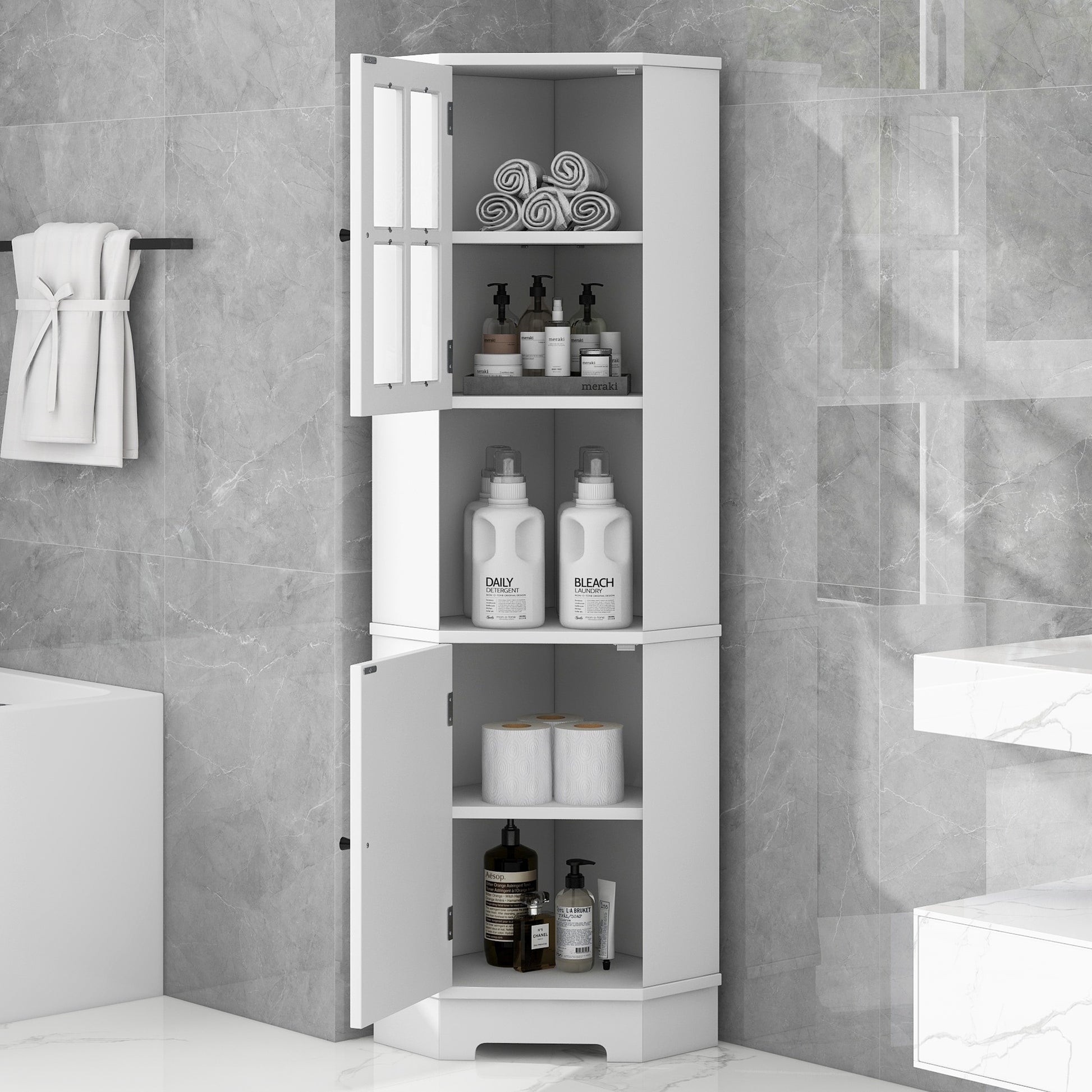 Tall Bathroom Storage Cabinet, Corner Cabinet with white-mdf