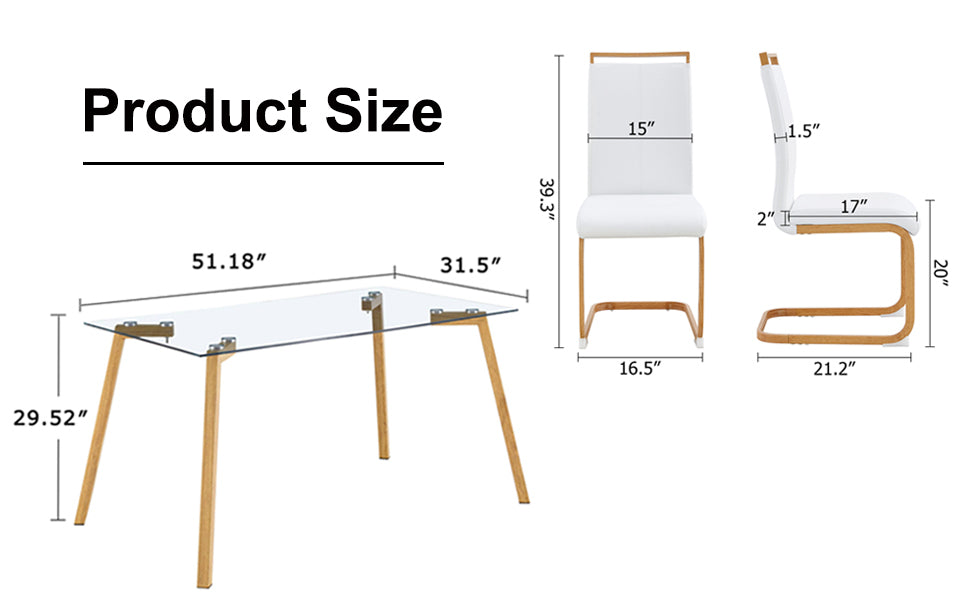 Table And Chair Set. 1 Table And 4 White Chairs. Glass Dining Table With 0.31 "Tempered Glass Tabletop And Metal Legs. Pu Leather High Back Upholstered Chair With Wood Color C Tube Metal Leg.1123 1162 Transparent Glass