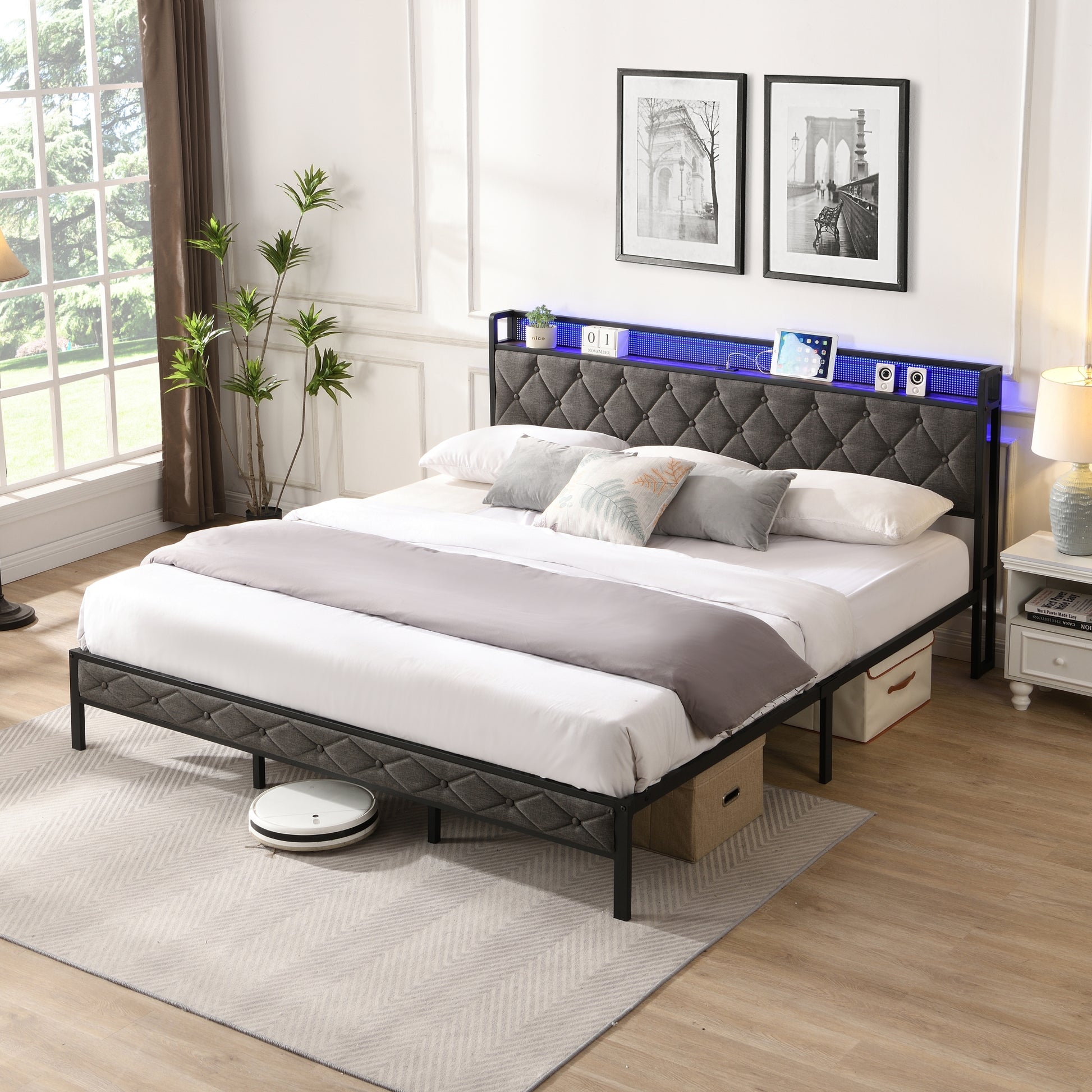 King Bed Frame With Storage Headboard, Charging Station And Led Lights, Upholstered Platform Bed With Heavy Metal Slats, No Box Spring Needed, Noise Free, Easy Assembly, Dark Gray Box Spring Not Required King Gray Metal Bedroom Bed Frame Metal