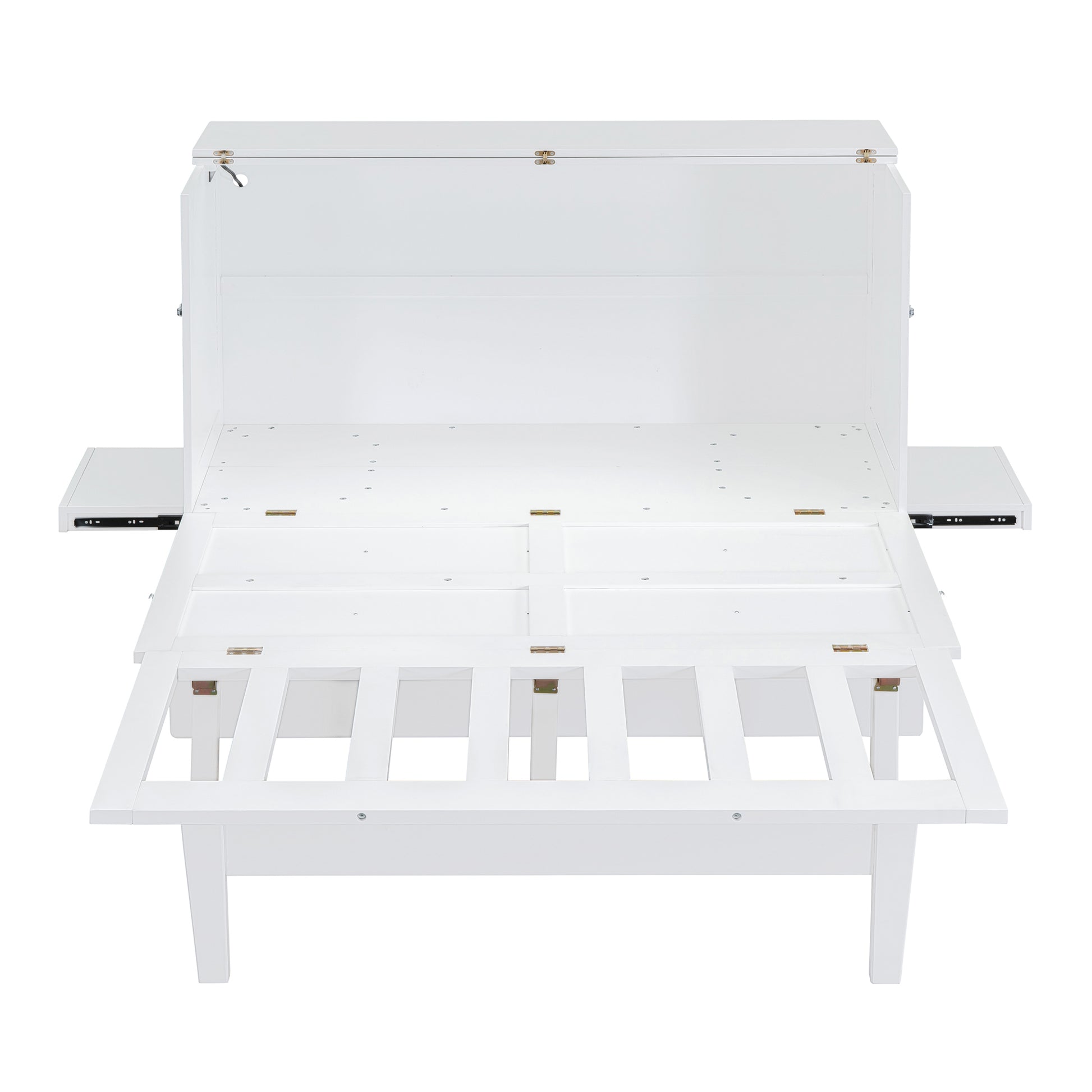 Queen Size Murphy Bed With Usb Port And Removable Shelves On Each Side,White White Solid Wood Mdf