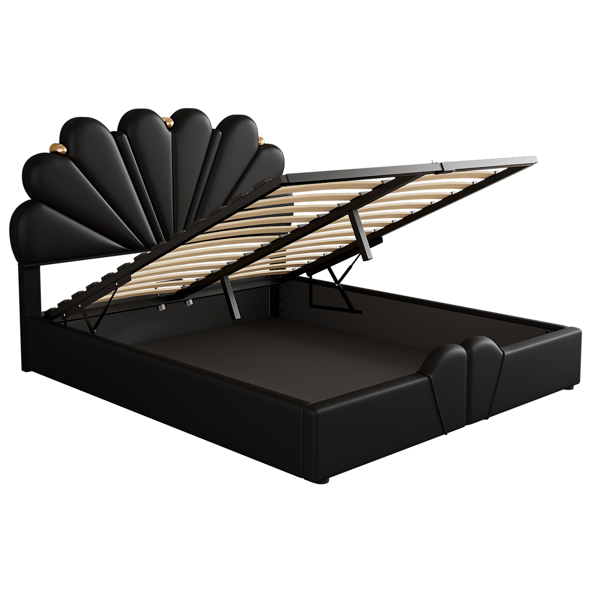 Queen Size Upholstered Petal Shaped Platform Bed With Hydraulic Storage System, Pu Storage Bed, Decorated With Metal Balls, Black Black Pu