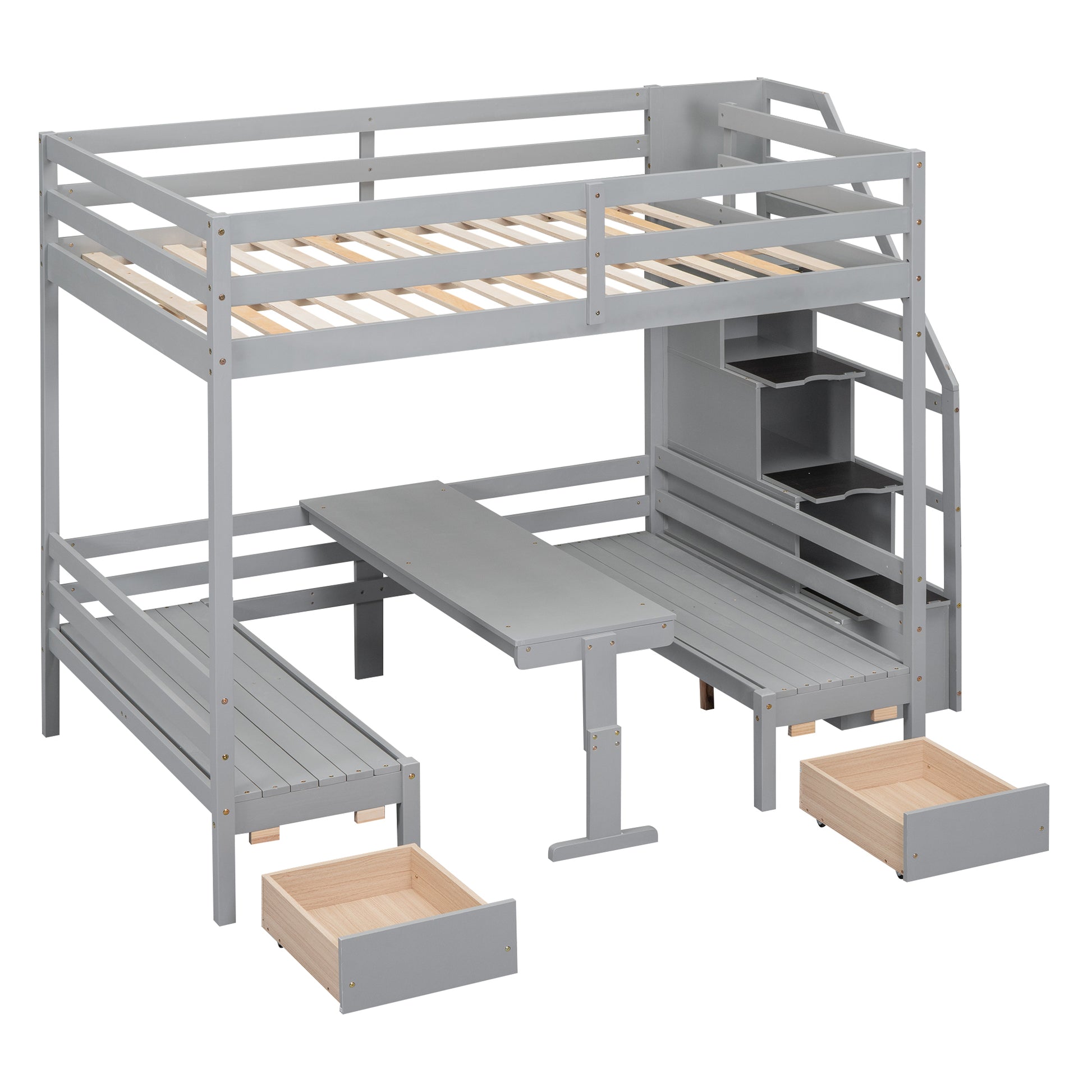 Full Over Full Size Bunk With Staircase,The Down Bed Can Be Convertible To Seats And Table Set,Gray Box Spring Not Required Full Gray Wood Bedroom Bunk Pine