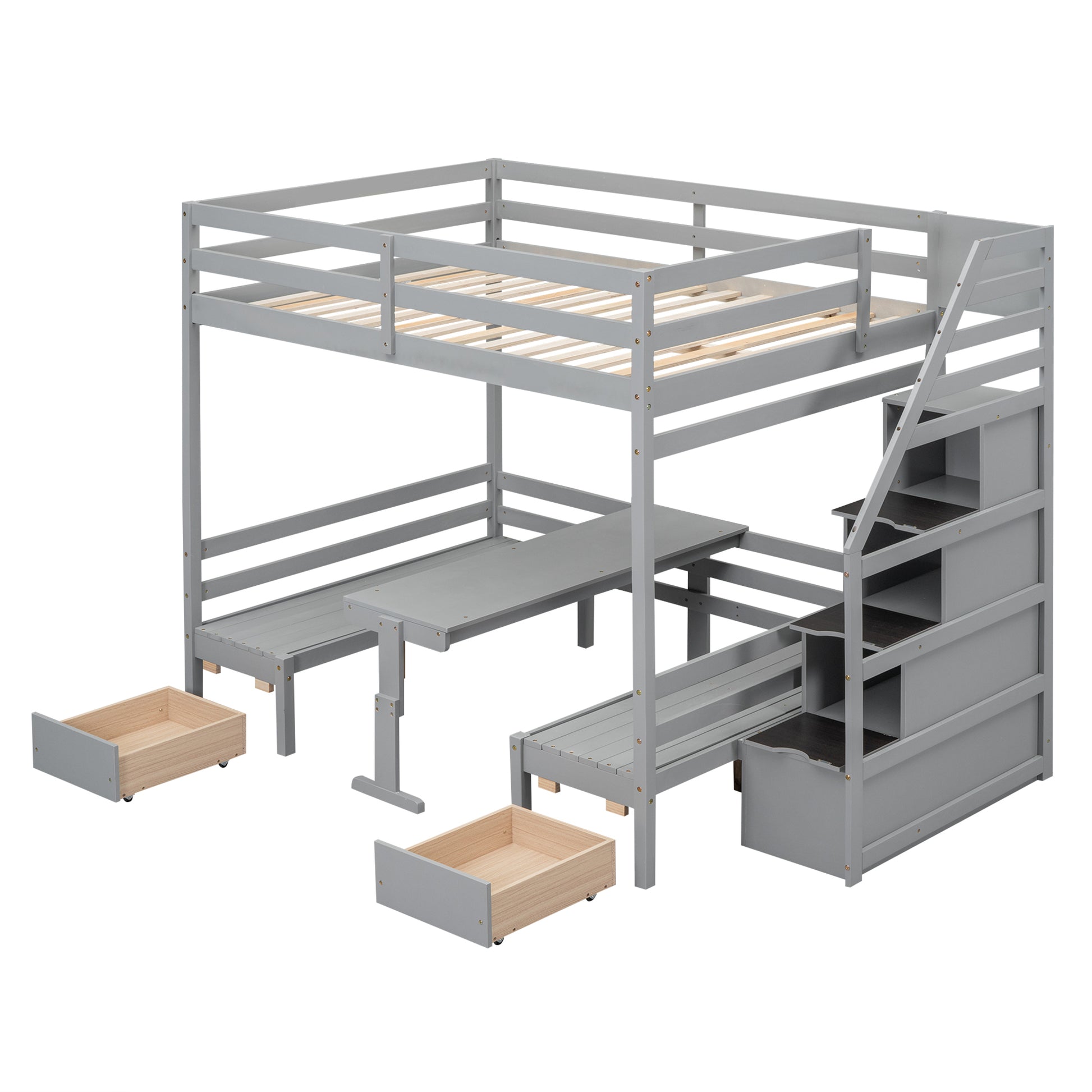 Full Over Full Size Bunk With Staircase,The Down Bed Can Be Convertible To Seats And Table Set,Gray Box Spring Not Required Full Gray Wood Bedroom Bunk Pine