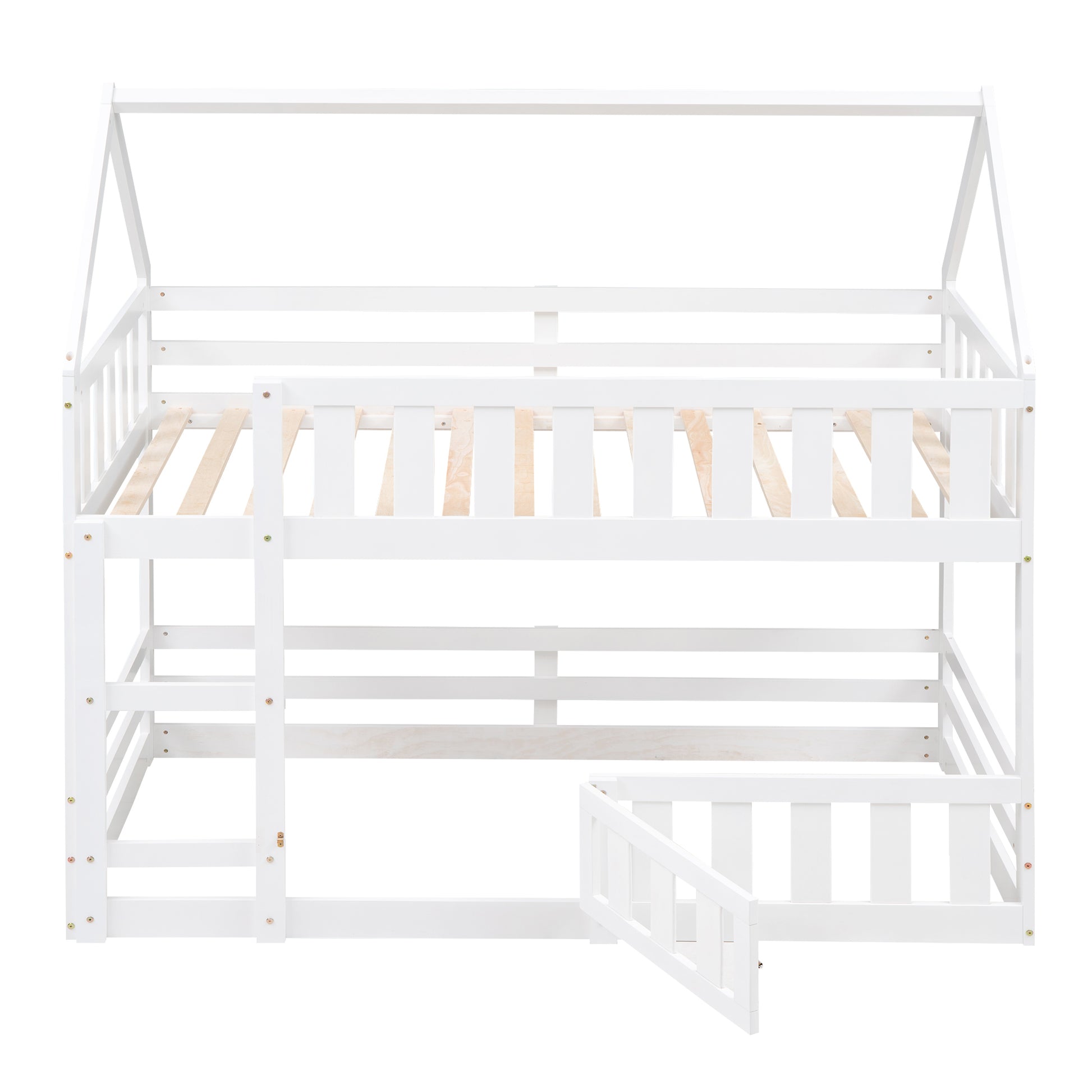 Twin Over Twin House Bunk Bed With Fence And Door, White Box Spring Not Required Twin White Wood Bedroom Bunk Solid Wood Mdf