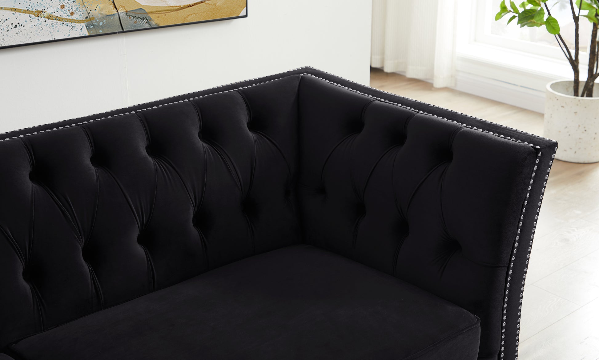 L8085B Three Seat Sofa Black Black Velvet