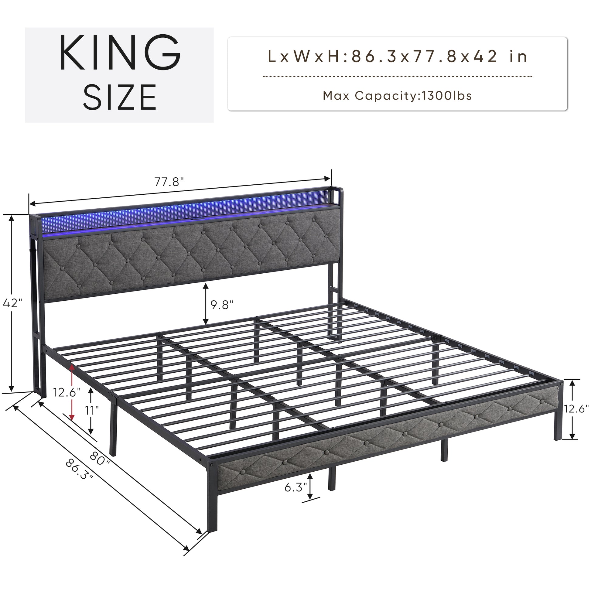 King Bed Frame With Storage Headboard, Charging Station And Led Lights, Upholstered Platform Bed With Heavy Metal Slats, No Box Spring Needed, Noise Free, Easy Assembly, Dark Gray Box Spring Not Required King Gray Metal Bedroom Bed Frame Metal