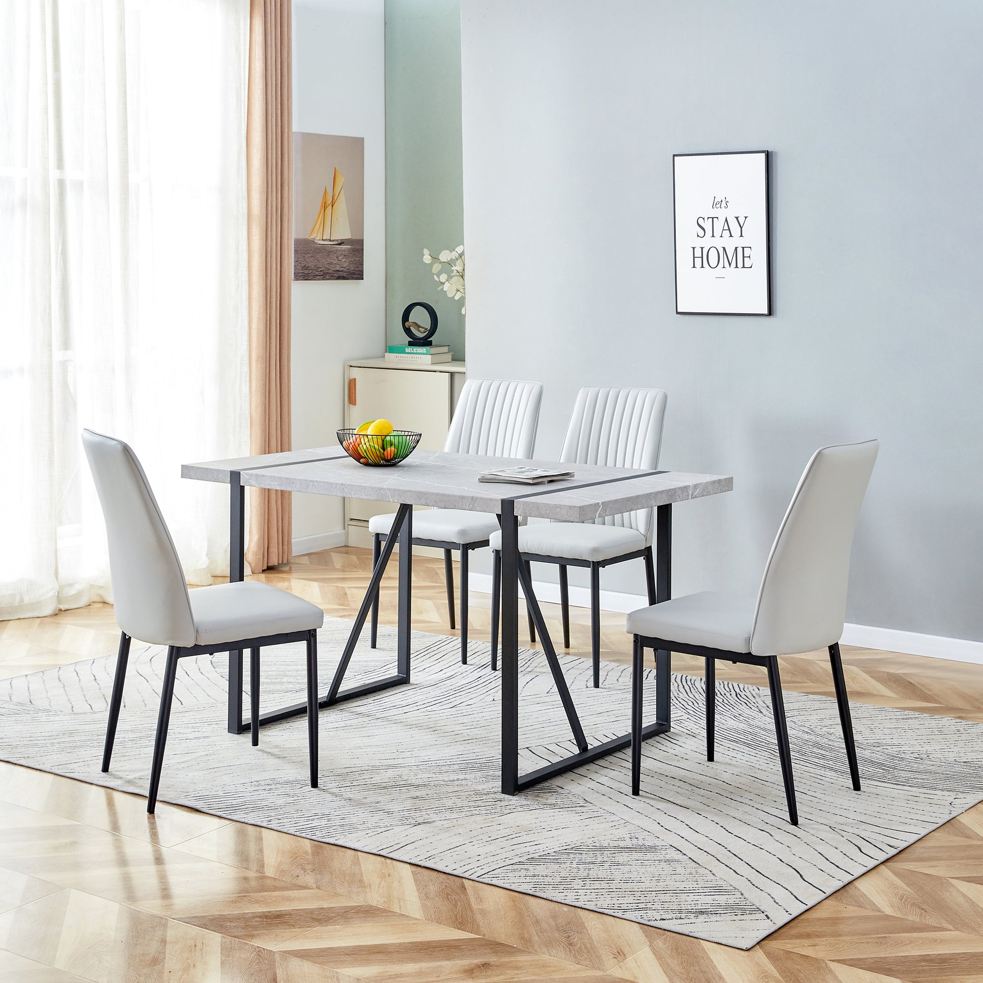 5 Piece Dining Table Chairs Set, Rectangular Dining Room Table Set For 4, Modern Dining Table And Faux Leather Chairs For Kitchen Dining Room, Small Space, Gray Metal Grey Metal Rectangular Mdf