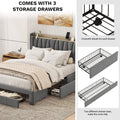 Queen Size Bed Frame With Storage Headboard And Charging Station, Upholstered Platform Bed With 3 Drawers, No Box Spring Needed, Dark Gray Dark Gray Velvet