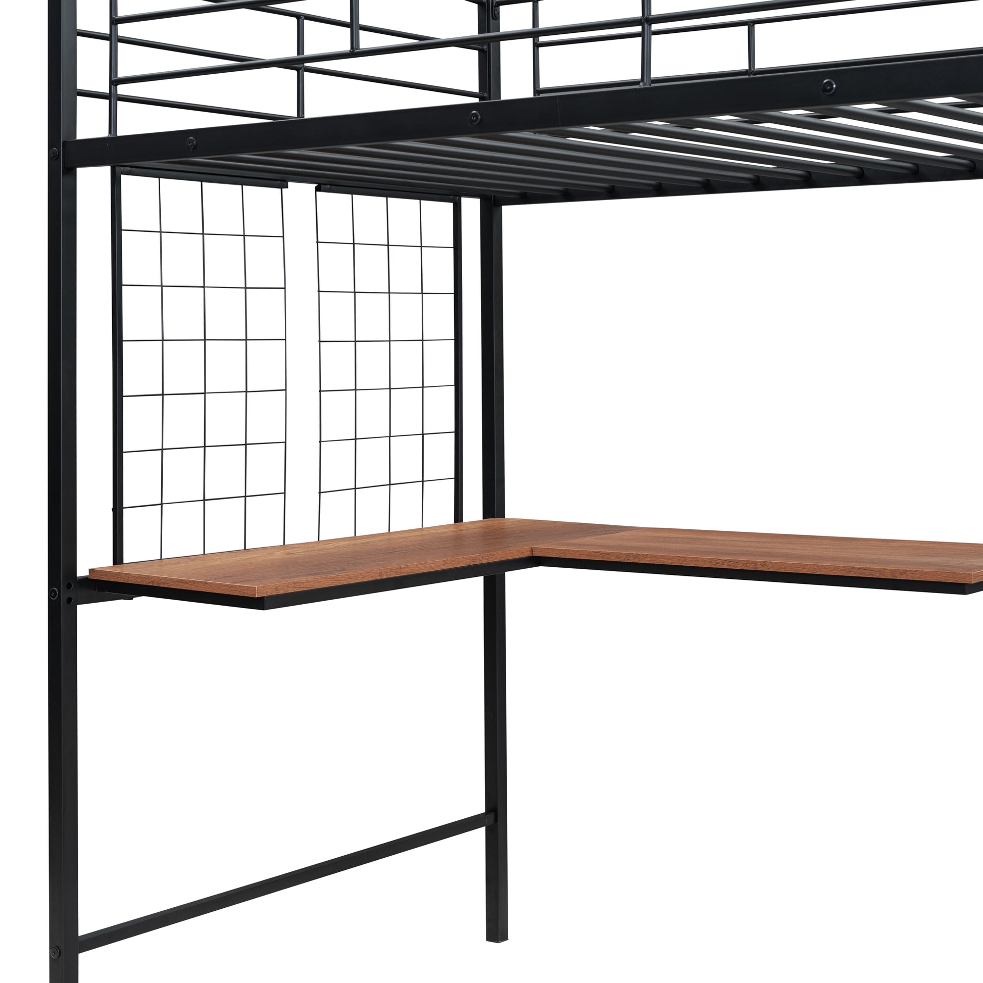 Twin Size Metal Loft Bed With Desk And Metal Grid, Stylish Metal Frame Bed With Lateral Storage Ladder And Wardrobe, Black Black Mdf Metal