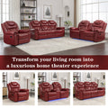 Home Theater Seating Manual Recliner Chair With Center Console And Led Light Strip For Living Room, Wind Red Red Foam Faux Leather