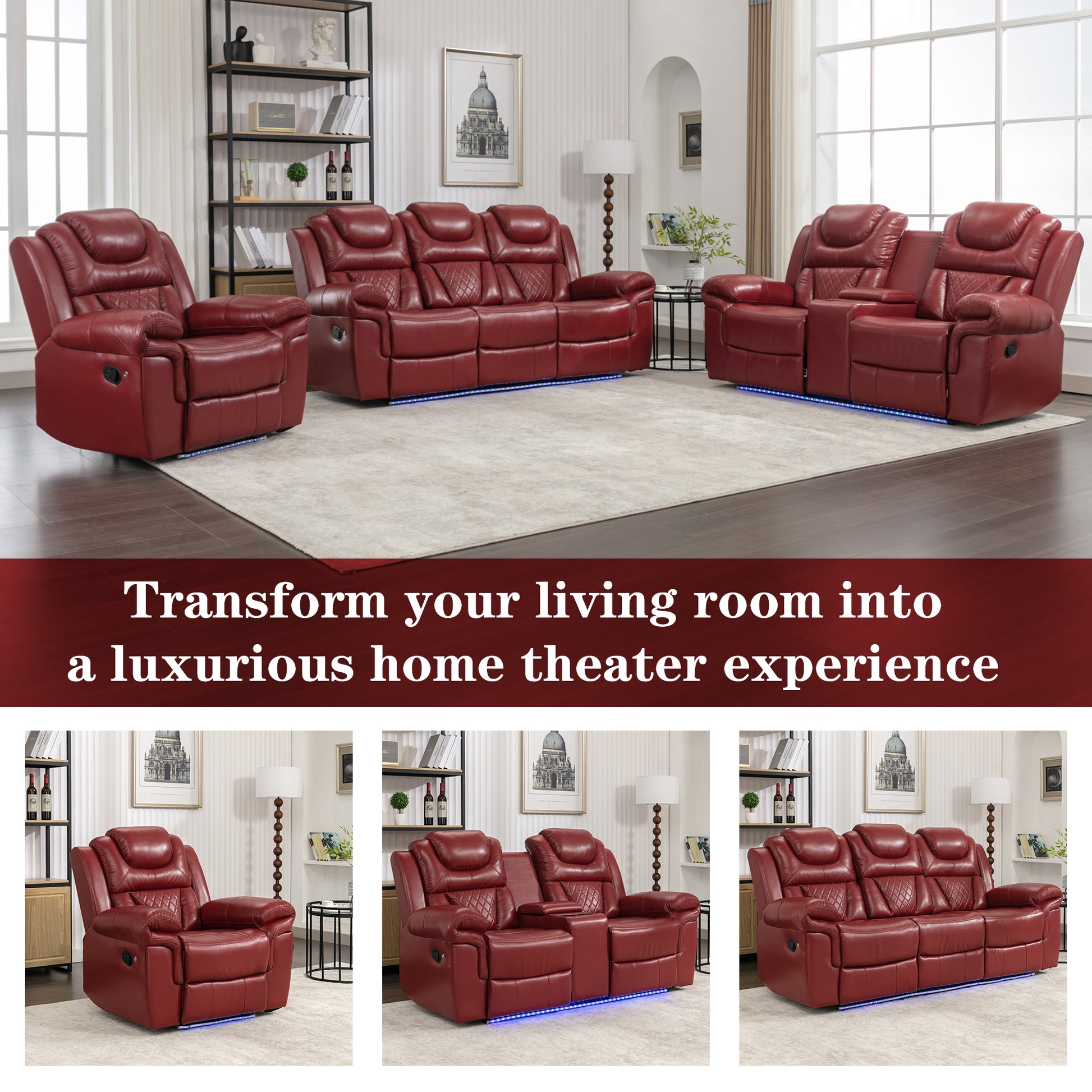 Home Theater Seating Manual Recliner Chair With Led Light Strip For Living Room,Bedroom, Wine Red Wine Red Foam Faux Leather