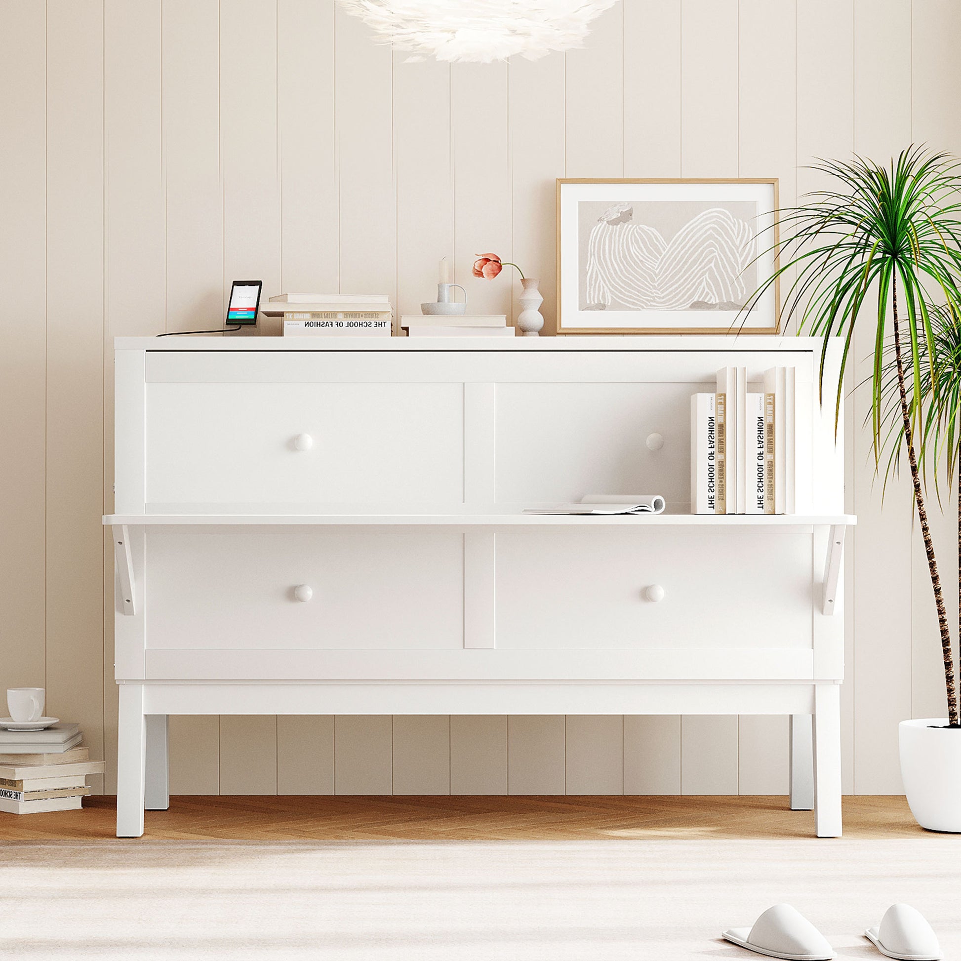 Queen Size Murphy Bed With Usb Port And Removable Shelves On Each Side,White White Solid Wood Mdf