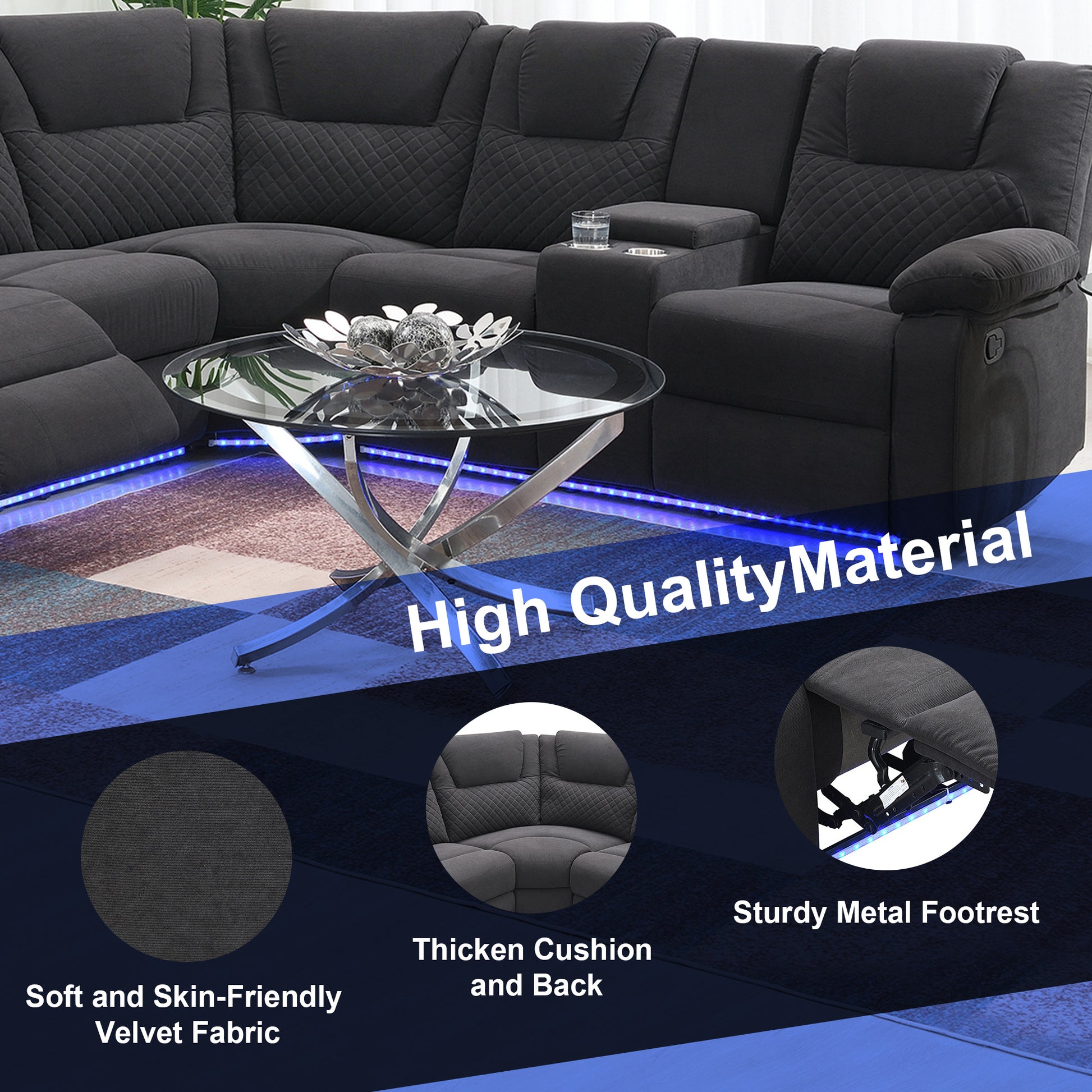 94.4" Home Theater Seating Modern Manual Recliner Sofa Chairs With Storage Box And Two Cup Holders For Living Room, Black Grey Black Grey Foam Velvet 5 Seat