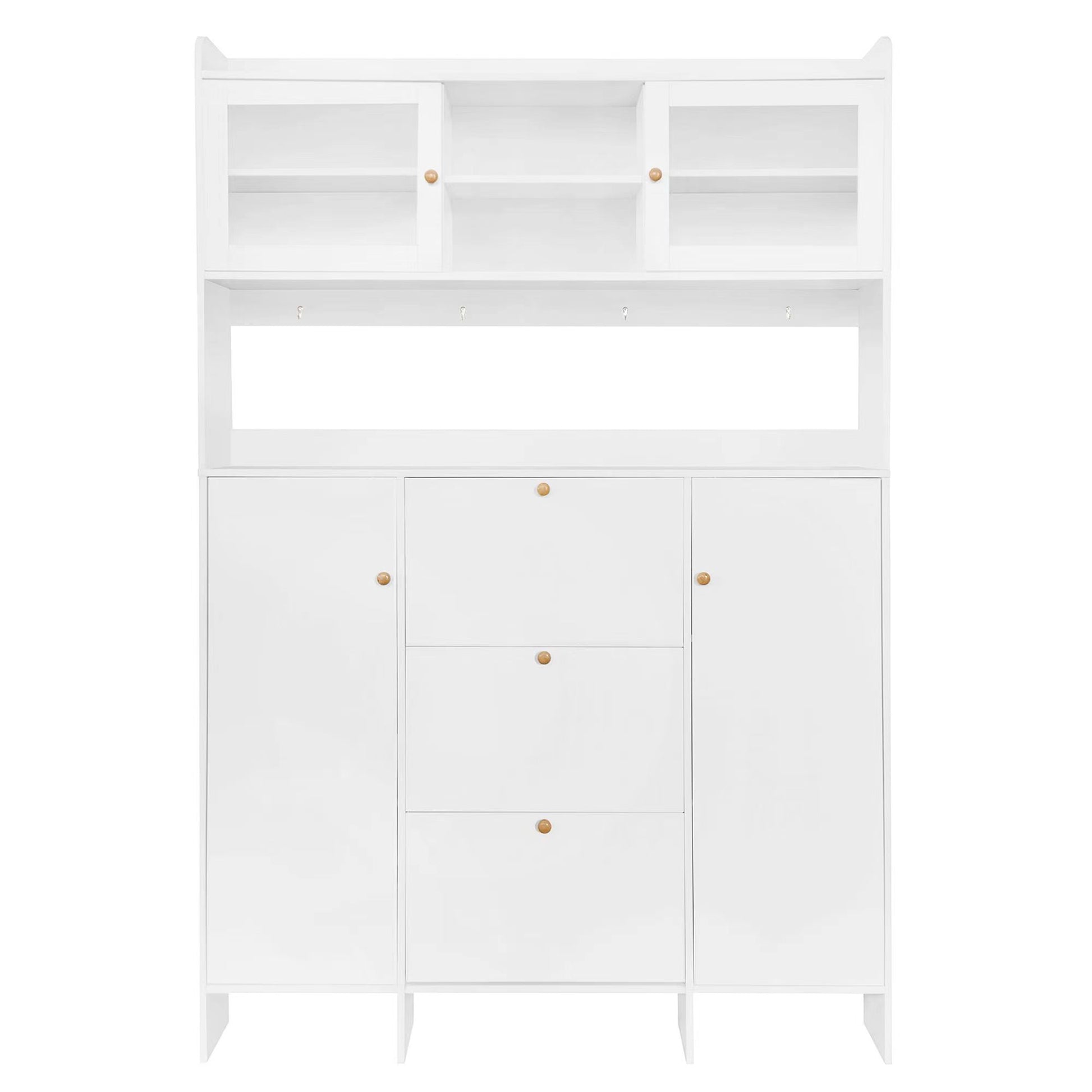 Contemporary Shoe Cabinet With Open Storage Platform, Tempered Glass Hall Tree With 3 Flip Drawers, Versatile Tall Cabinet With 4 Hanging Hooks For Hallway, White 3 4 Drawers White Primary Living Space Adjustable Shelves Particle Board