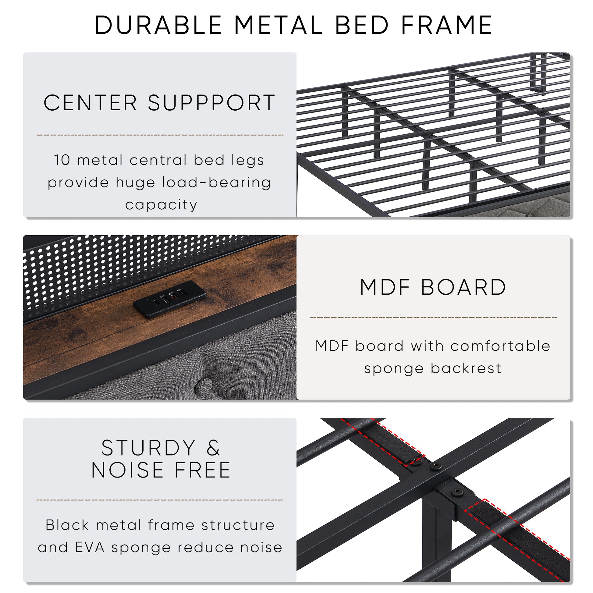 King Bed Frame With Storage Headboard, Charging Station And Led Lights, Upholstered Platform Bed With Heavy Metal Slats, No Box Spring Needed, Noise Free, Easy Assembly, Dark Gray Box Spring Not Required King Gray Metal Bedroom Bed Frame Metal