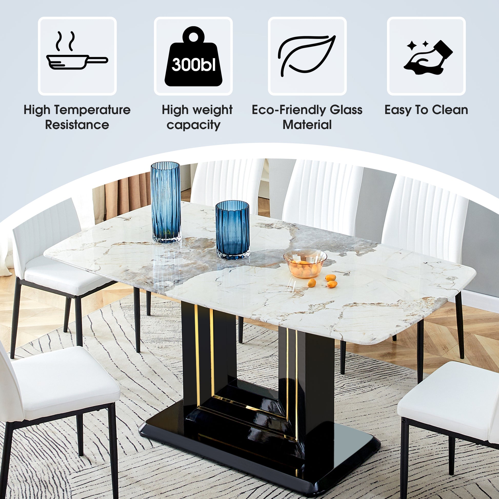 Rectangular 63" Marble Dining Table, Luxurious Dining Room Table With Faux Marble Top And U Shape Mdf Base, Modern Kitchen Dining Table For Kitchen Living Dining Room White Black Luxury,Modern Mdf