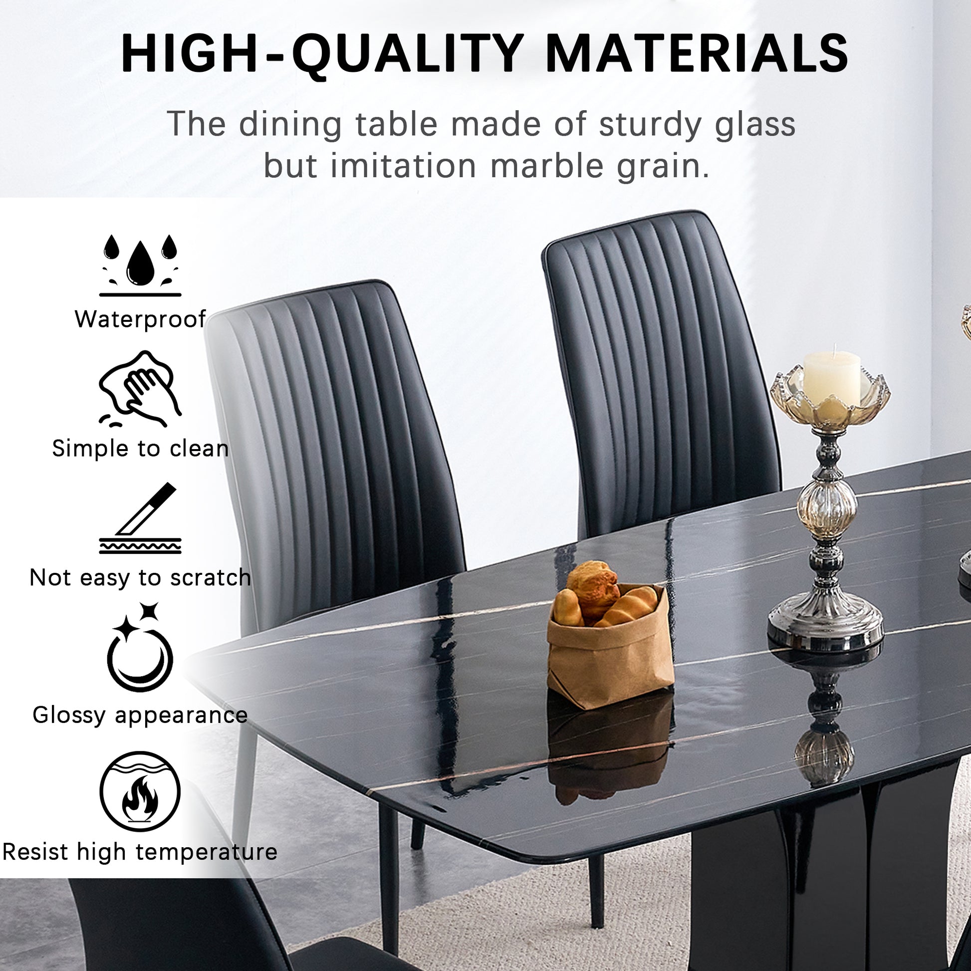 Rectangular 63" Marble Dining Table, Luxurious Dining Room Table With Faux Marble Top And X Shape Mdf Base, Modern Kitchen Dining Table For Kitchen Living Dining Room Black Luxury,Modern Mdf Glass