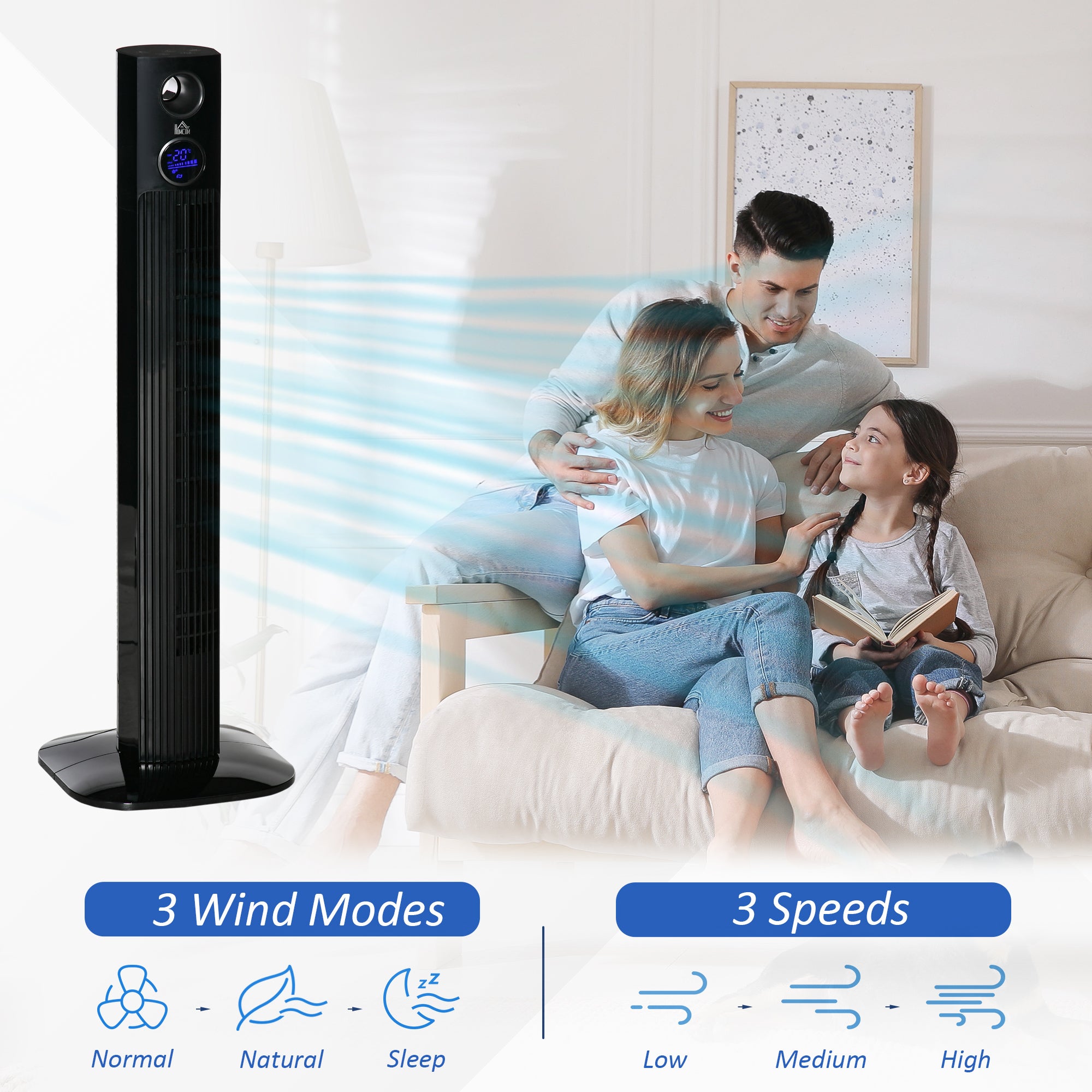 37.75" Tower Fan for Bedroom Cooling with Aroma black-abs
