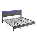 King Bed Frame With Storage Headboard, Charging Station And Led Lights, Upholstered Platform Bed With Heavy Metal Slats, No Box Spring Needed, Noise Free, Easy Assembly, Dark Gray Box Spring Not Required King Gray Metal Bedroom Bed Frame Metal