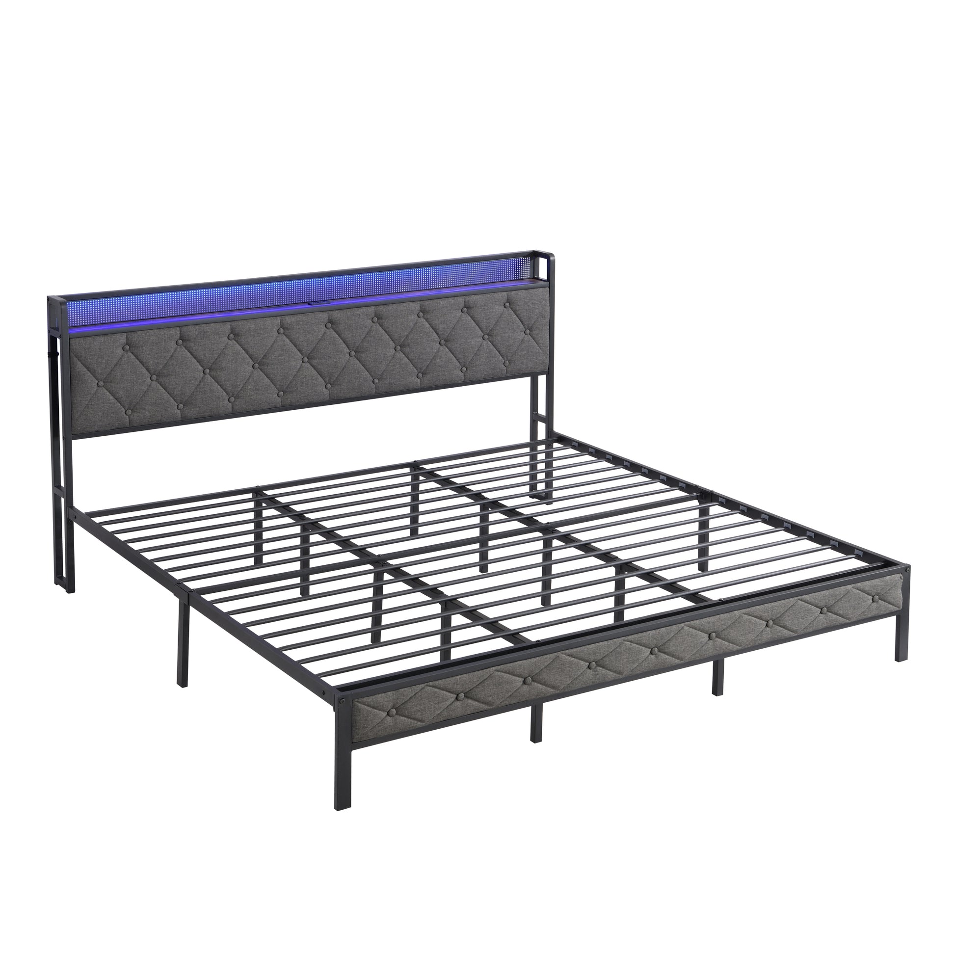 King Bed Frame With Storage Headboard, Charging Station And Led Lights, Upholstered Platform Bed With Heavy Metal Slats, No Box Spring Needed, Noise Free, Easy Assembly, Dark Gray Box Spring Not Required King Gray Metal Bedroom Bed Frame Metal