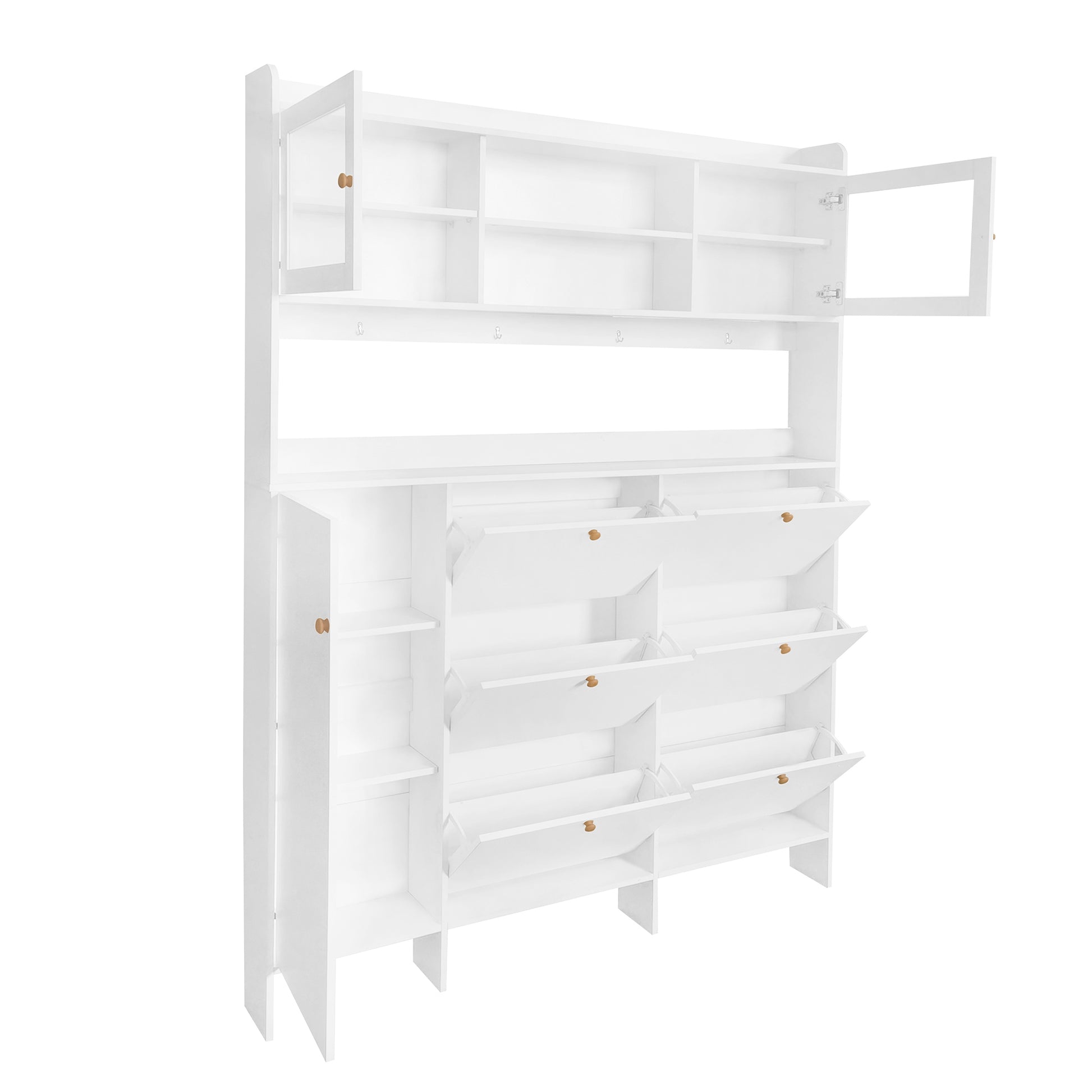 Multifunctional Shoe Cabinet With Storage Shelf & 6 Flip Drawers, Modern Large Hall Tree With Tempered Glass Doors, Elegant Foyer Cabinet With 4 Hooks For Hallway, White 5 Or More Drawers White Particle Board