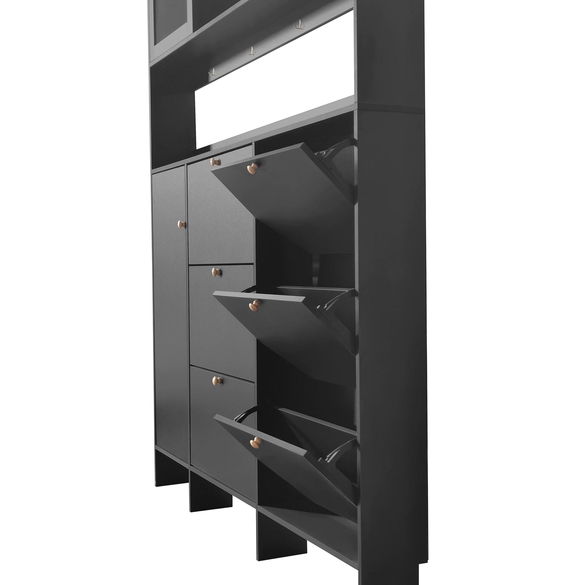 Multifunctional Shoe Cabinet With Storage Shelf & 6 Flip Drawers, Modern Large Hall Tree With Tempered Glass Doors, Elegant Foyer Cabinet With 4 Hooks For Hallway, Black 5 Or More Drawers Black Particle Board