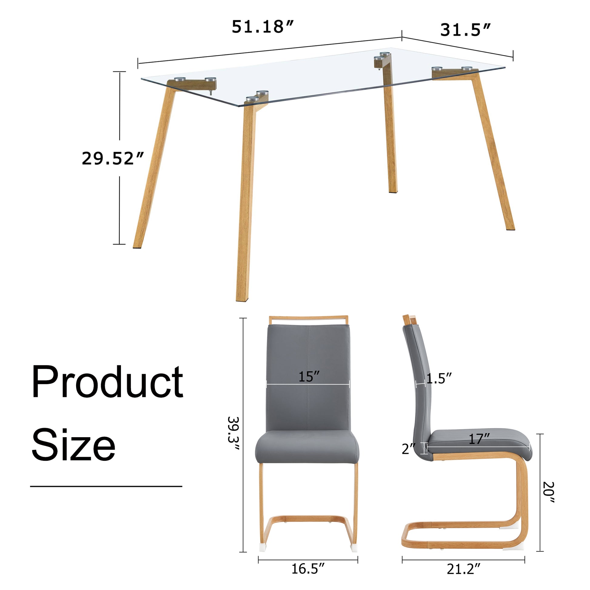 Table And Chair Set. 1 Table And 4 Grey Chairs. Glass Dining Table With 0.31 "Tempered Glass Tabletop And Wood Color Metal Legs. Pu Leather High Back Upholstered Chair With Wood Color Metal Leg Transparent Glass