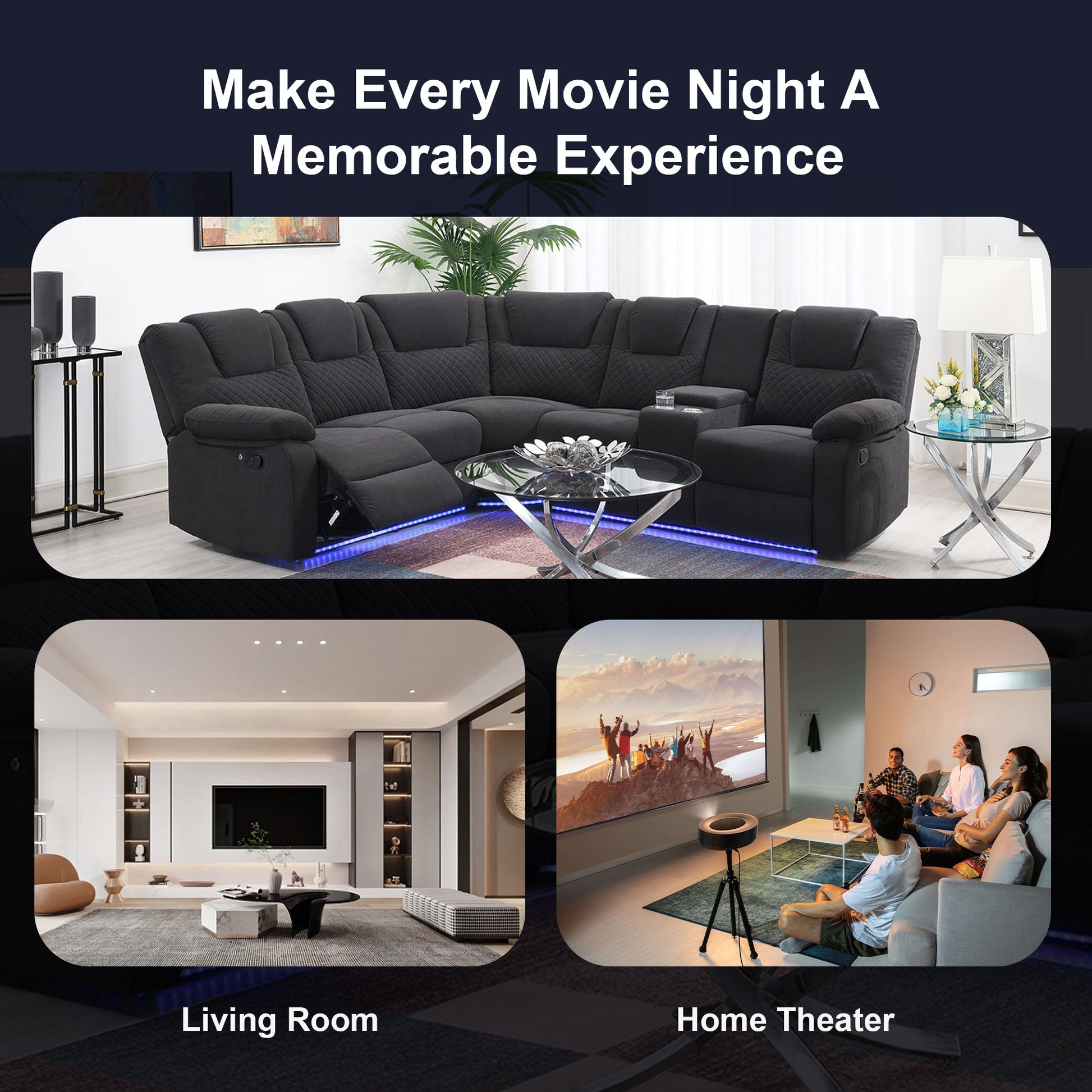 94.4" Home Theater Seating Modern Manual Recliner Sofa Chairs With Storage Box And Two Cup Holders For Living Room, Black Grey Black Grey Foam Velvet 5 Seat