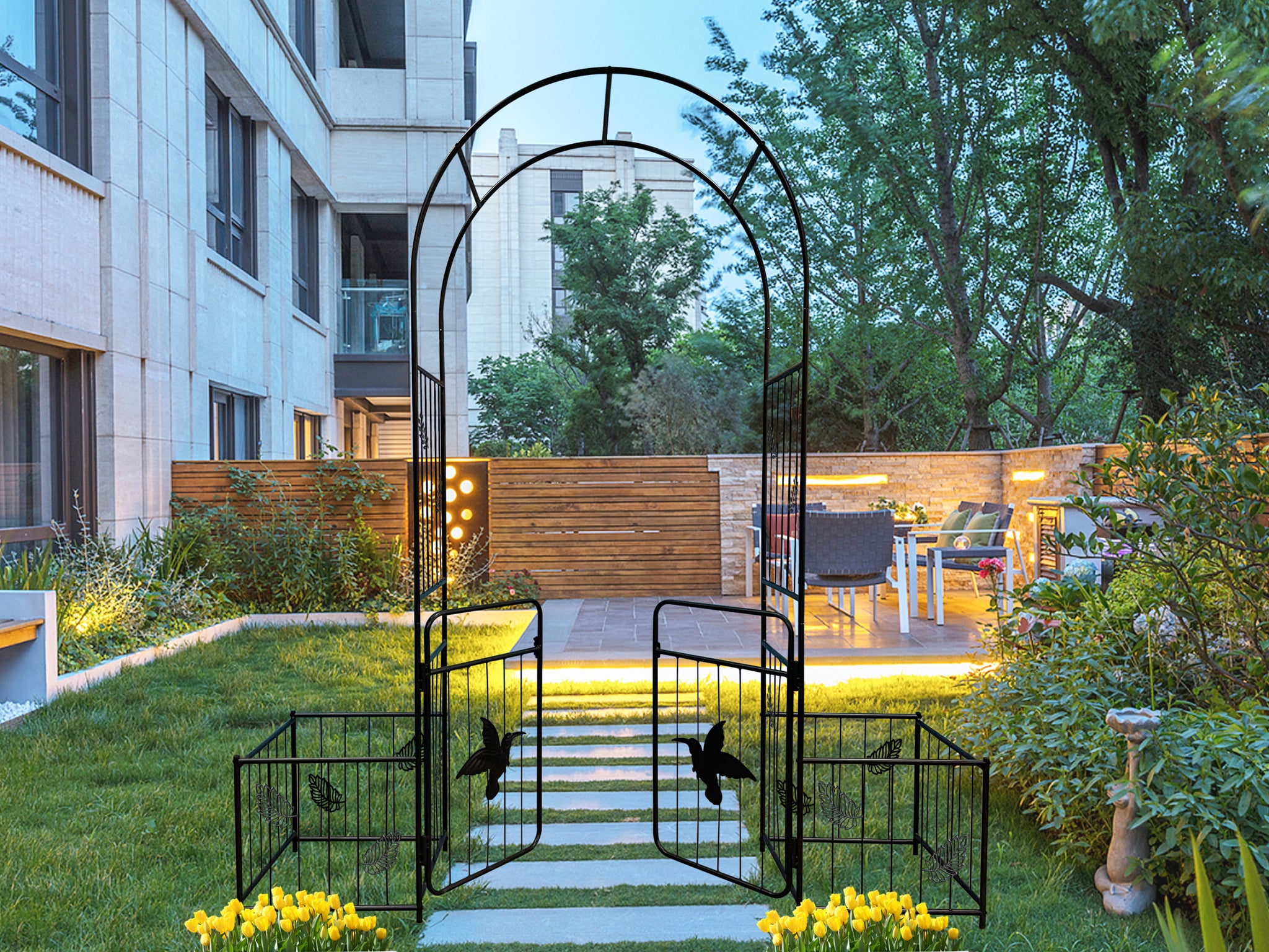 Metal Garden Arch with doors Garden Arbor Trellis black-iron