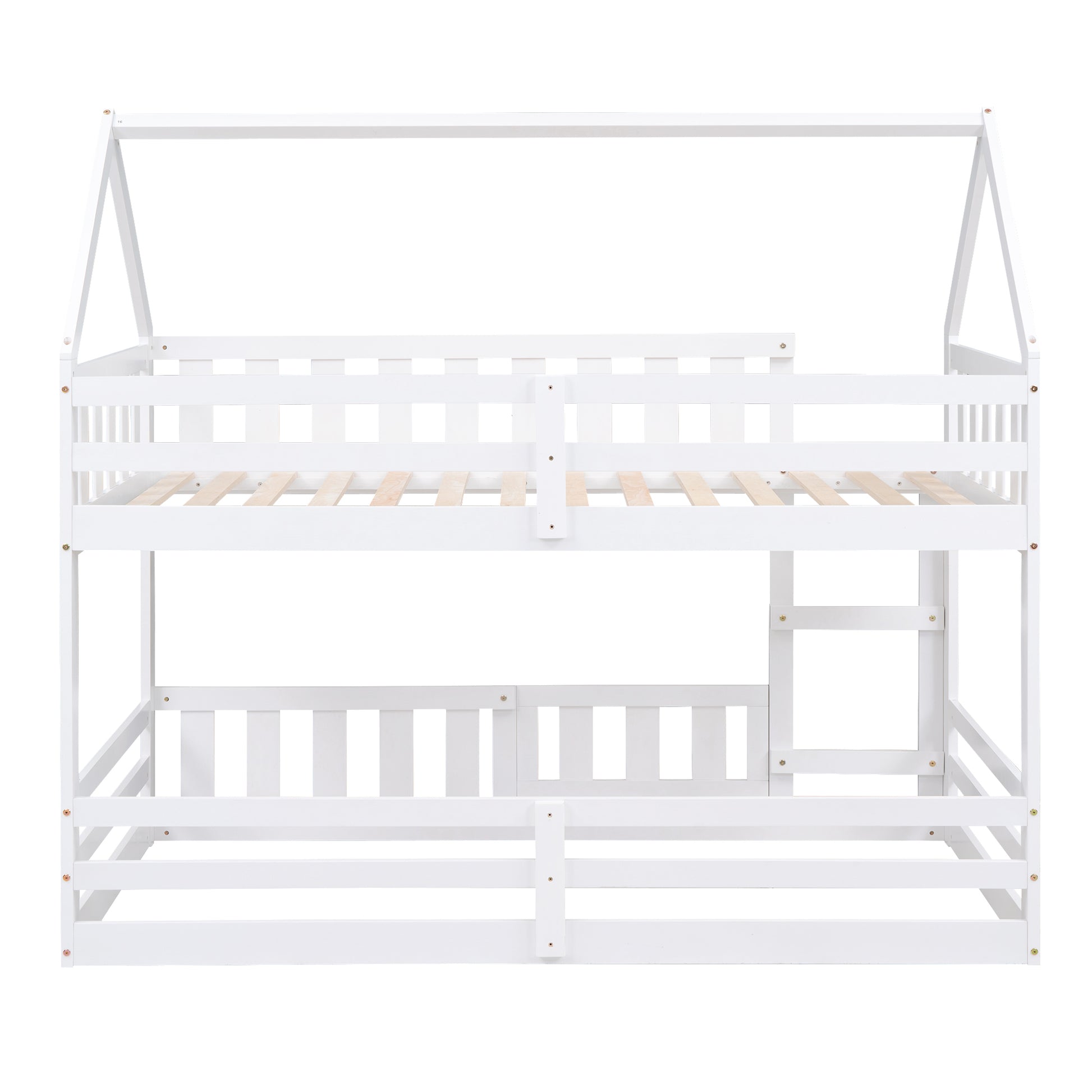 Twin Over Twin House Bunk Bed With Fence And Door, White Box Spring Not Required Twin White Wood Bedroom Bunk Solid Wood Mdf