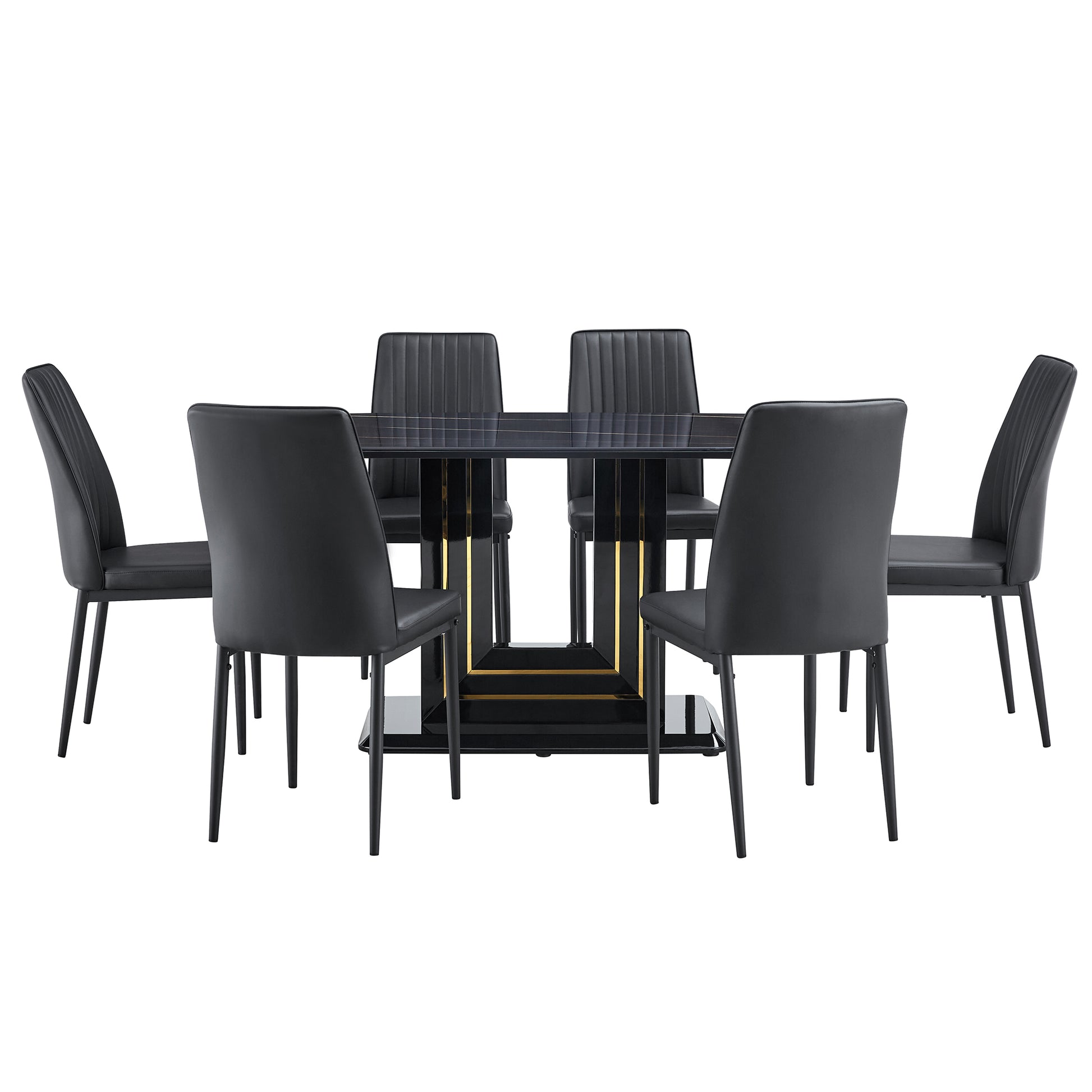 7 Piece Faux Marble Dining Table Set, Glass Rectangular Kitchen Table For 6 8, Modern Black Faux Marble Dining Room Table With Mdf Base, Dining Table & 6 Chairs Metal Black Rectangular Mdf Glass