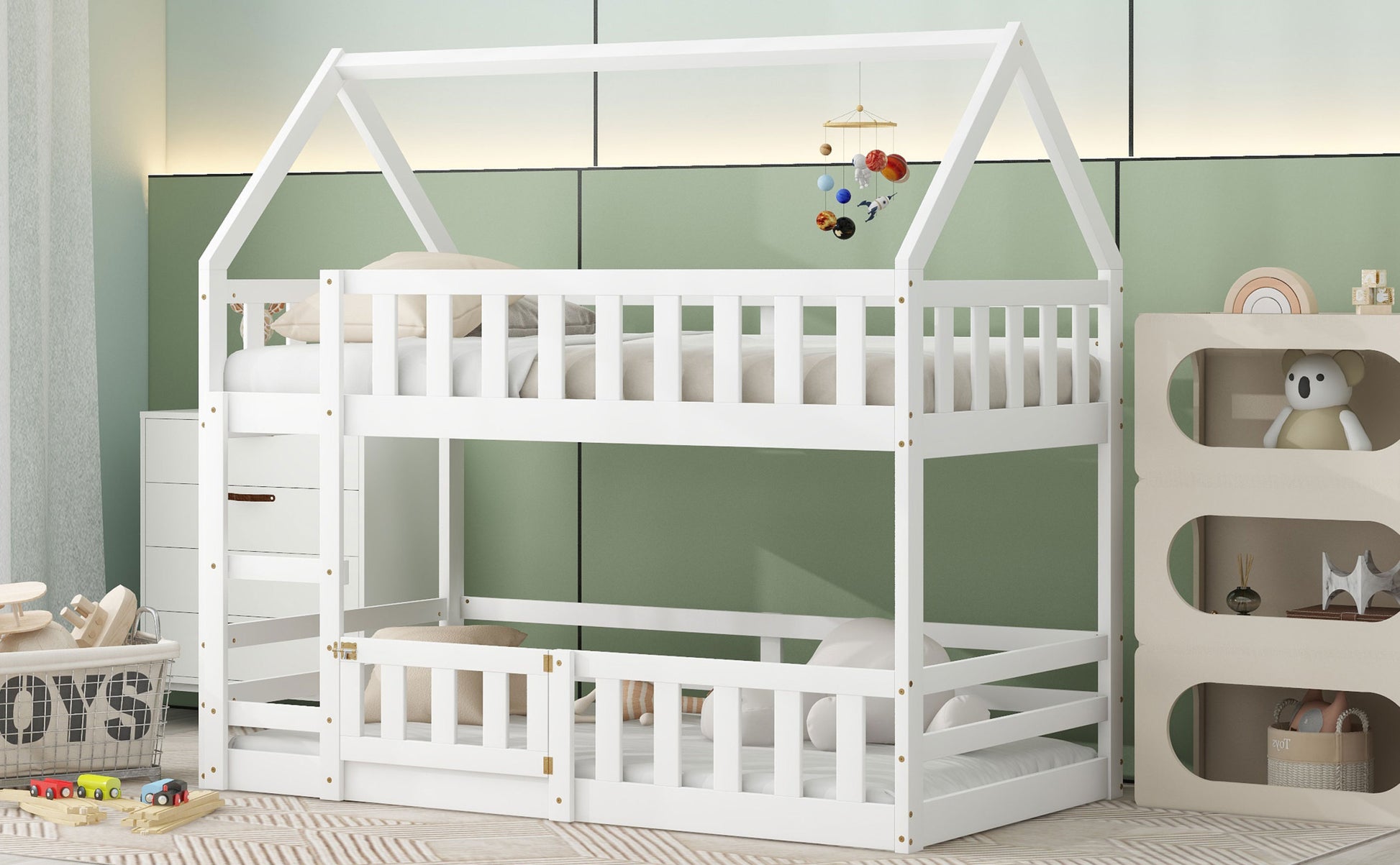 Twin Over Twin House Bunk Bed With Fence And Door, White Box Spring Not Required Twin White Wood Bedroom Bunk Solid Wood Mdf