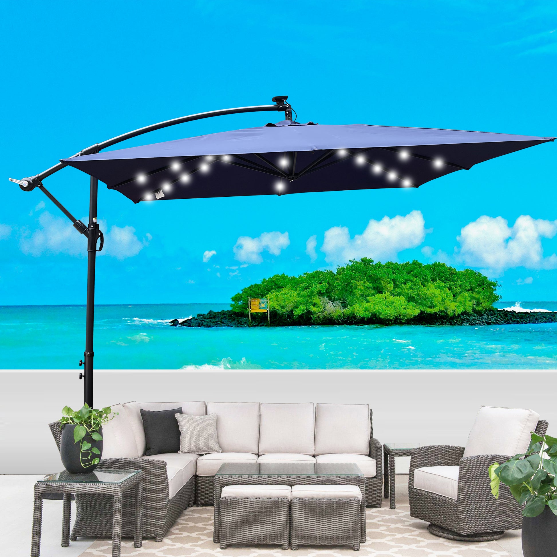 Square 2.5X2.5M Outdoor Patio Umbrella Solar Powered Led Lighted Sun Shade Market Waterproof 8 Ribs Umbrella With Crank And Cross Base For Garden Deck