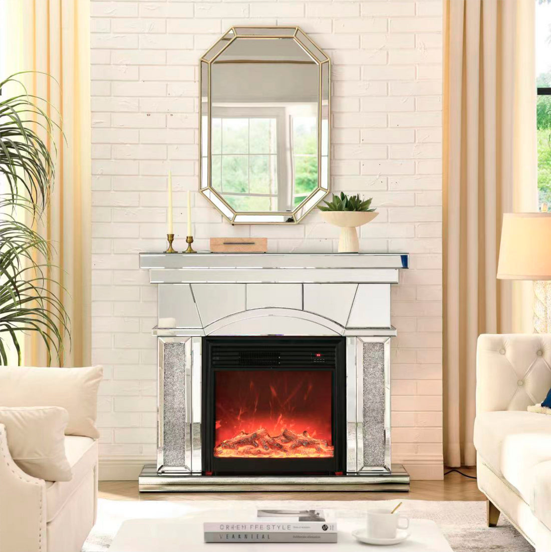 W 46" X D 12.5" X H 41" Dome Door Acrylic Mirror Fireplace Cabinet, Tv Fireplace Cabinet Powder Coated Electric Primary Living Space Yes Insert Electric 41 50 Yes Silver 400 Natural Vent American Design Acrylic Mdf Glass