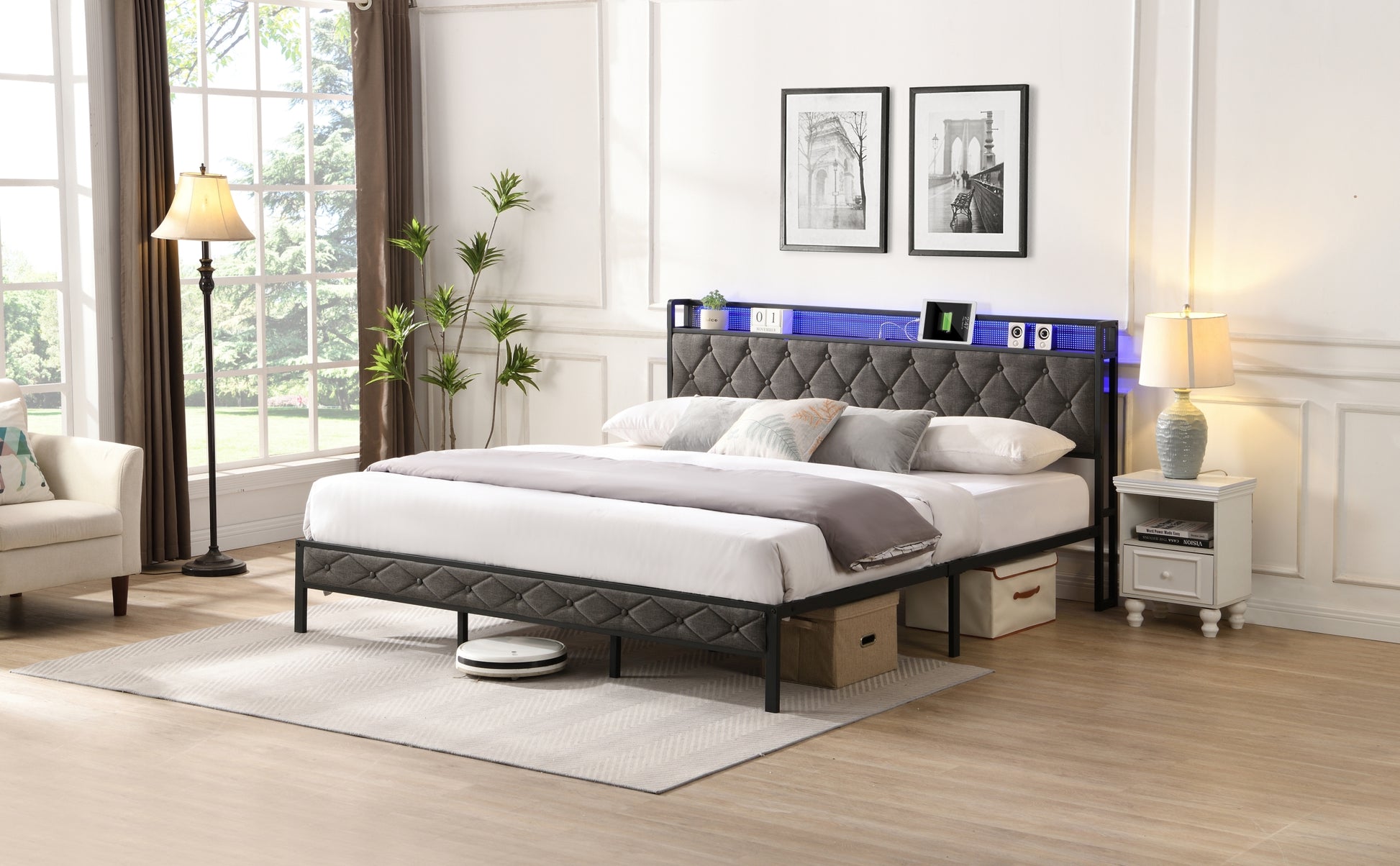 King Bed Frame With Storage Headboard, Charging Station And Led Lights, Upholstered Platform Bed With Heavy Metal Slats, No Box Spring Needed, Noise Free, Easy Assembly, Dark Gray Box Spring Not Required King Gray Metal Bedroom Bed Frame Metal