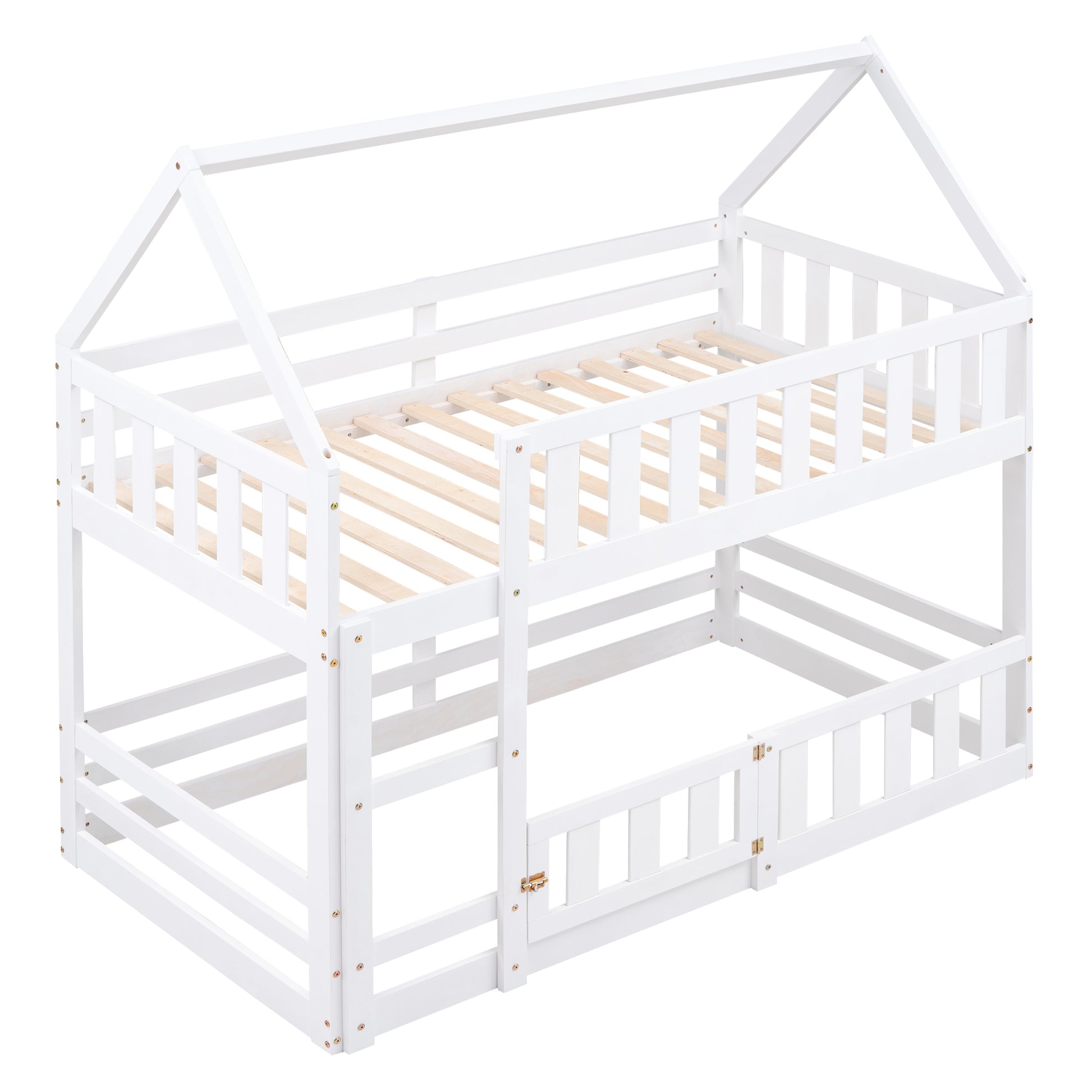 Twin Over Twin House Bunk Bed With Fence And Door, White Box Spring Not Required Twin White Wood Bedroom Bunk Solid Wood Mdf