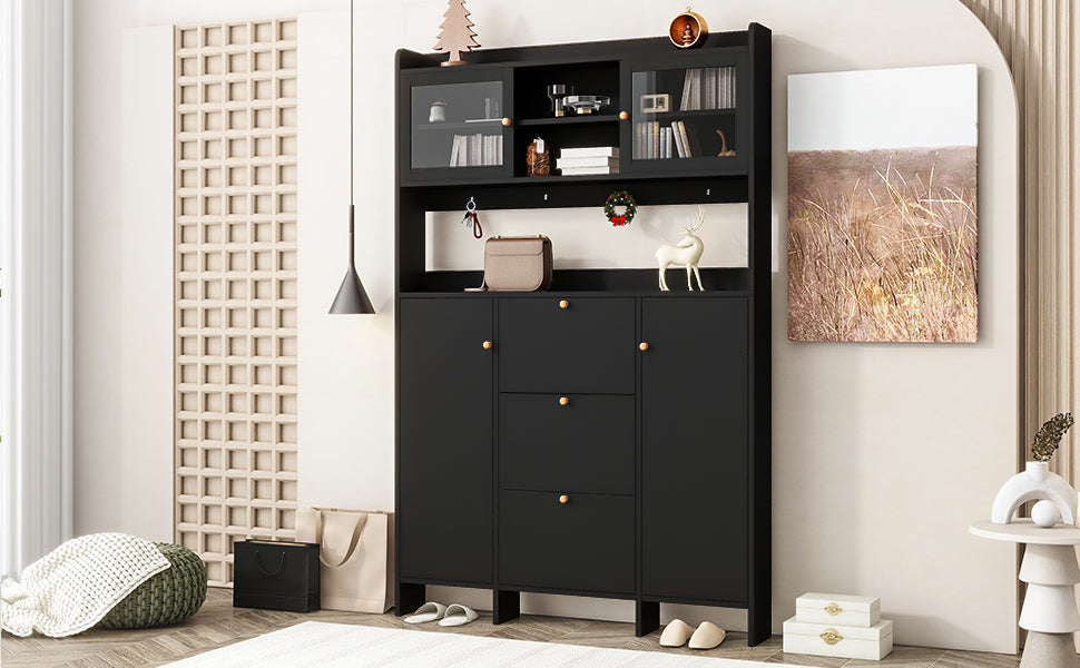 Contemporary Shoe Cabinet With Open Storage Platform, Tempered Glass Hall Tree With 3 Flip Drawers, Versatile Tall Cabinet With 4 Hanging Hooks For Hallway, Black 3 4 Drawers Black Primary Living Space Adjustable Shelves Particle Board